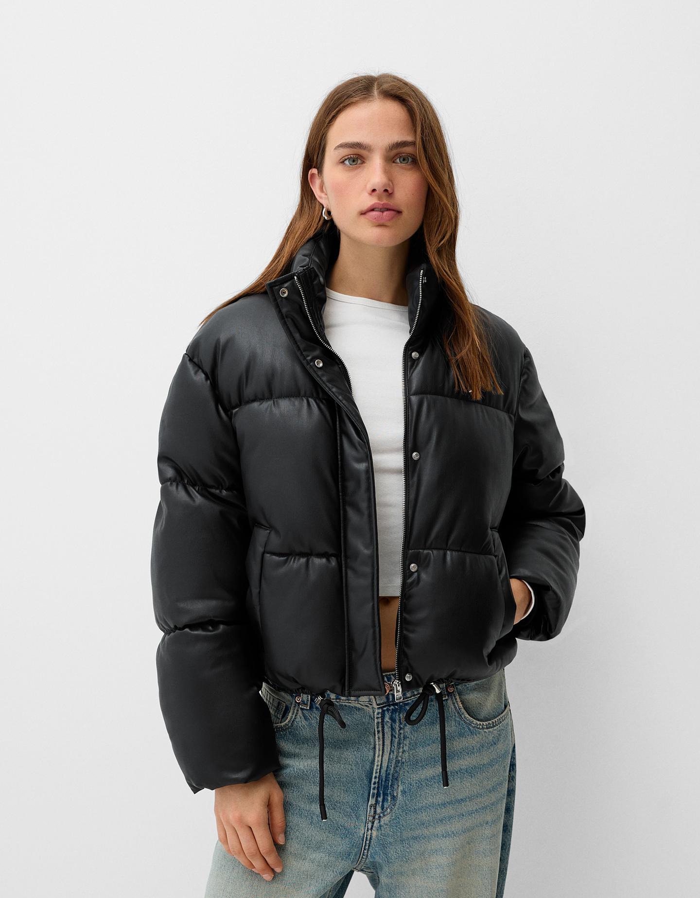 Bershka Cazadora Puffy Efecto Piel Mujer M Negro