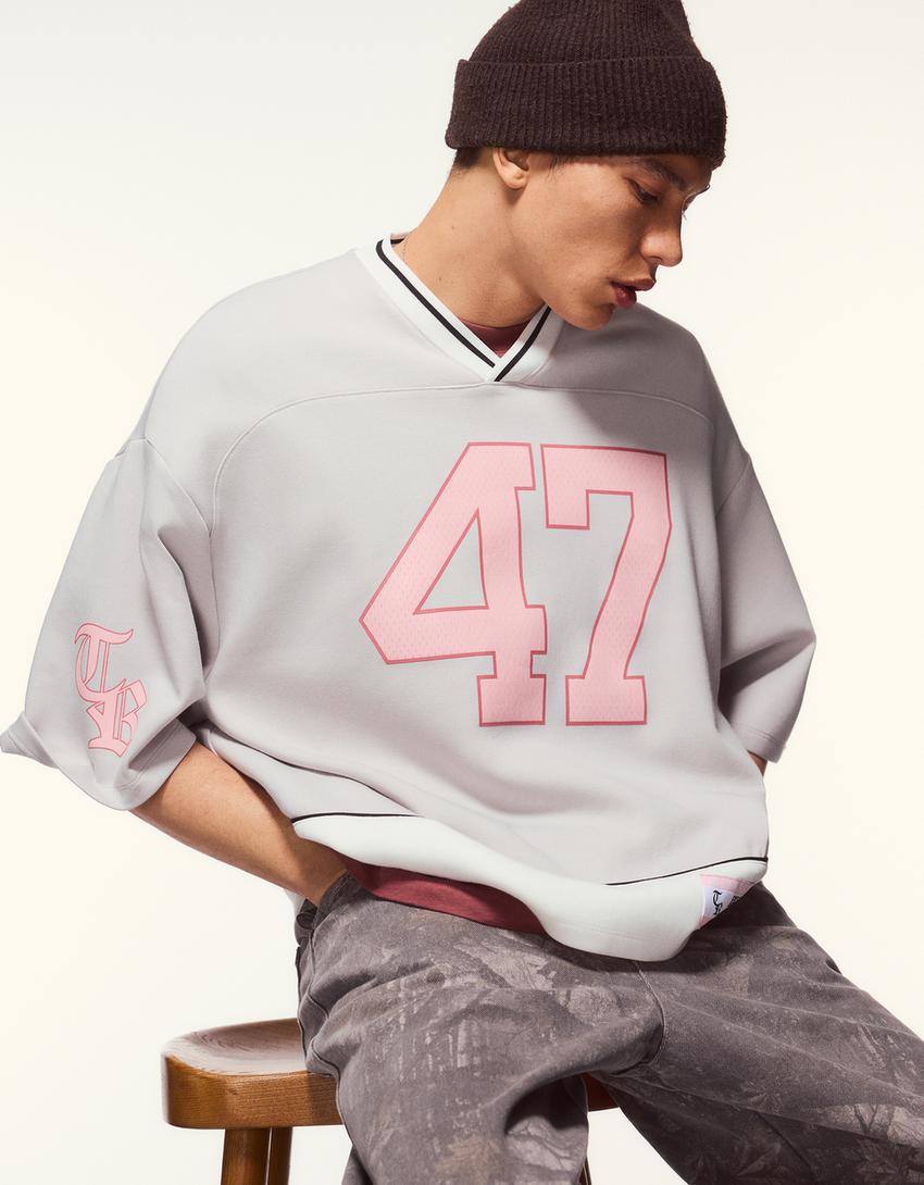 T-shirt met korte mouw en sportprint-Grijs