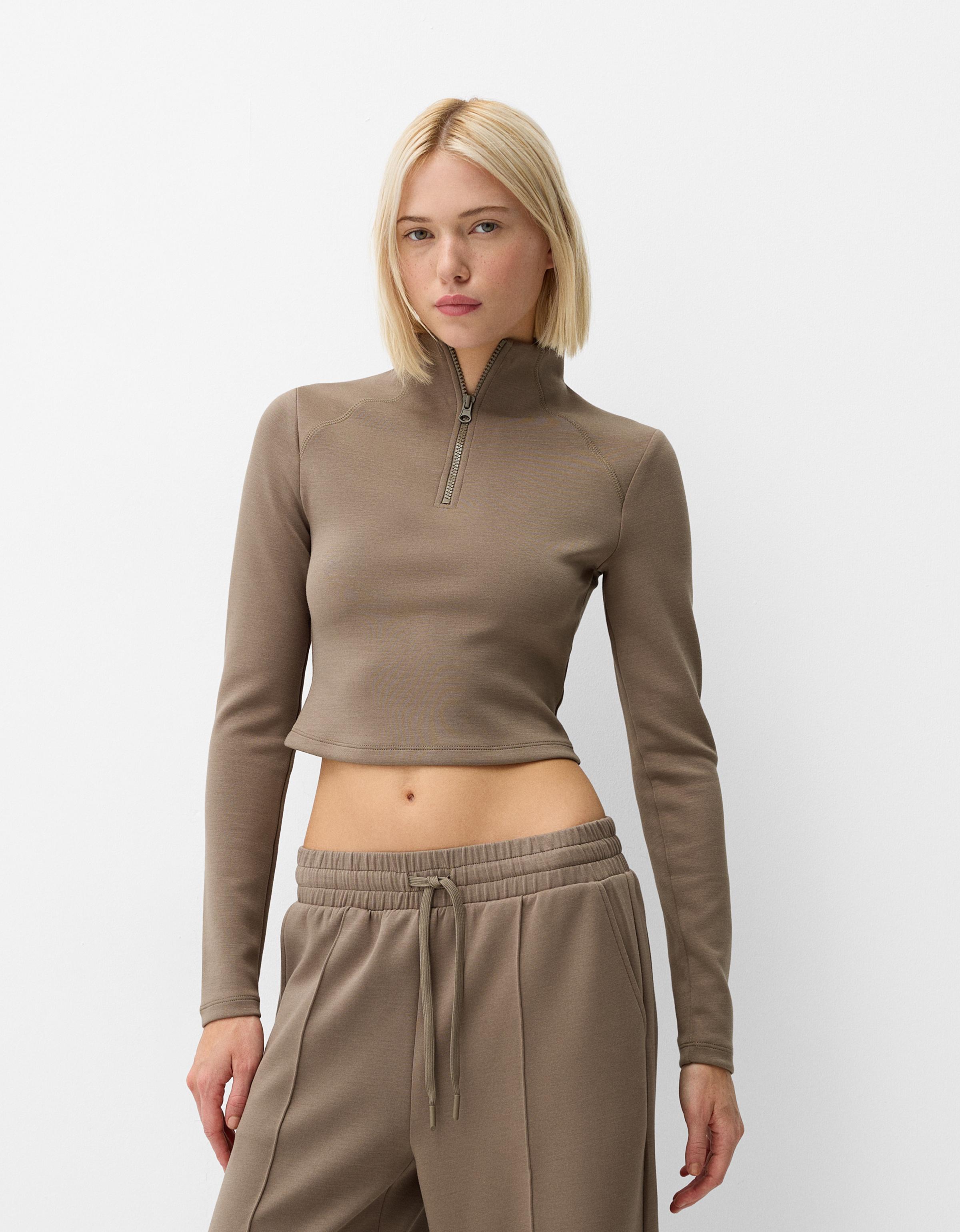 Bershka Pullover Mit Reißverschluss Damen L Nerzfarbe