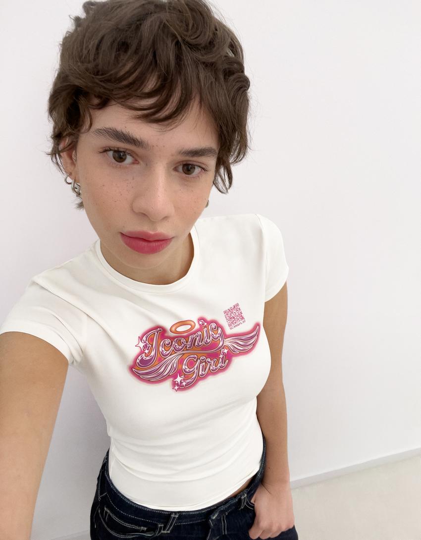 Koszulka z krótkim rękawem Bershka Wearable Art-Biały złamany-2