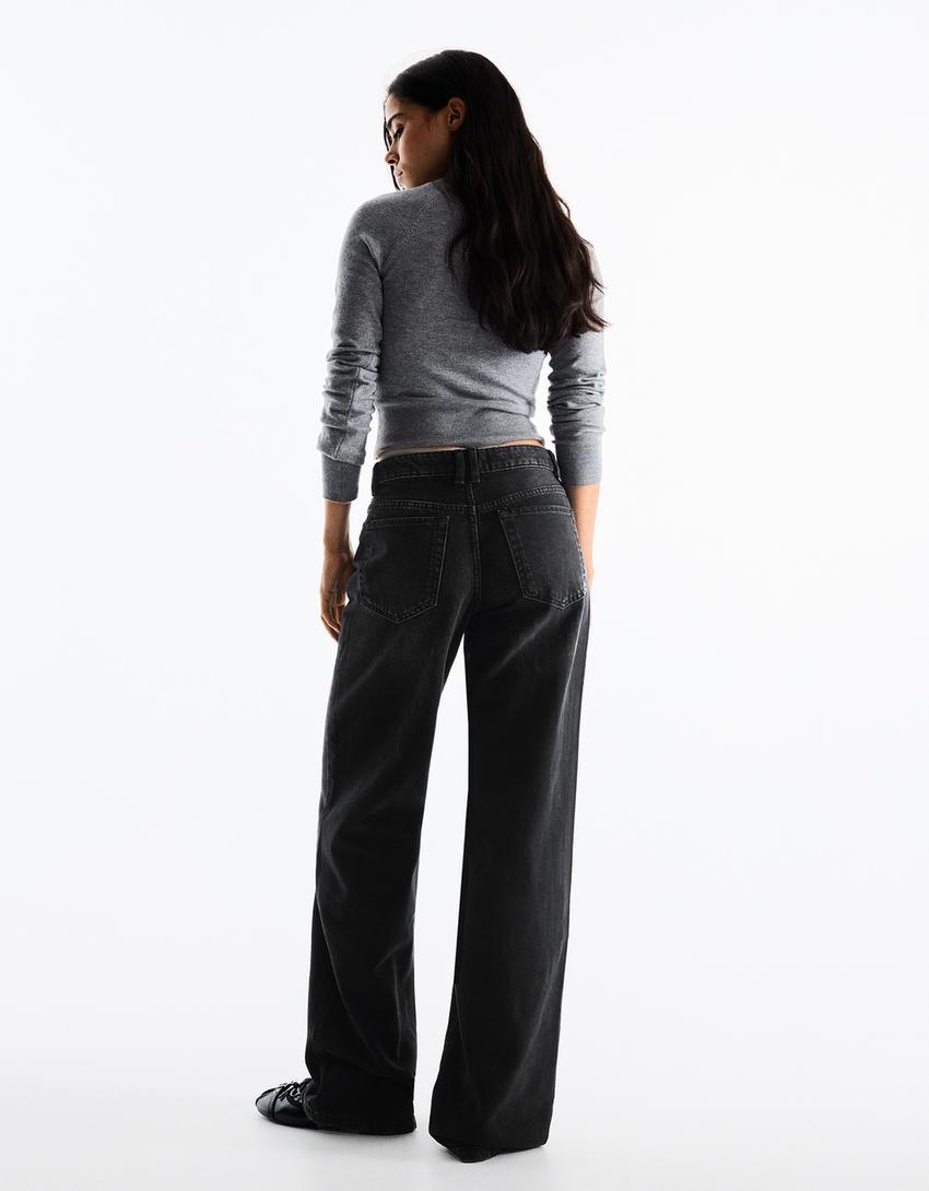 Yüksek bel straight fit geniş paça jean-Siyah
