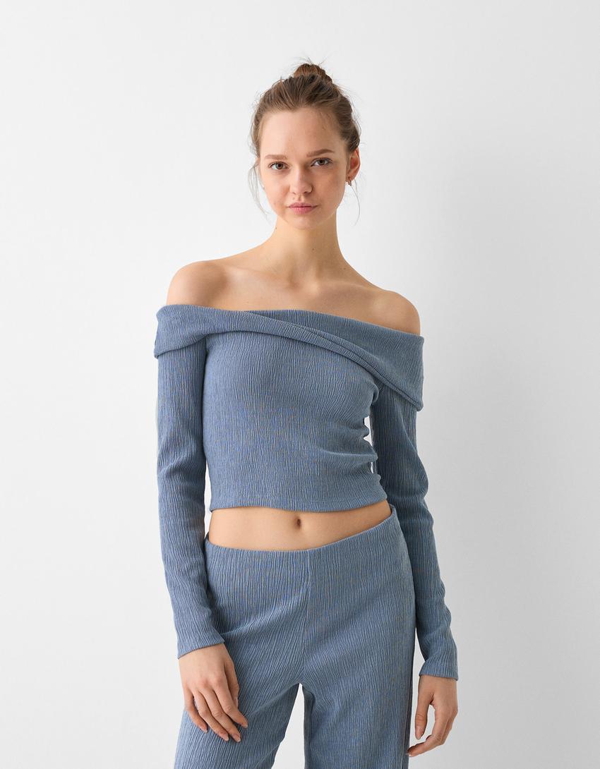 Waffle-knit long sleeve Bardot T-shirt-Blue-1