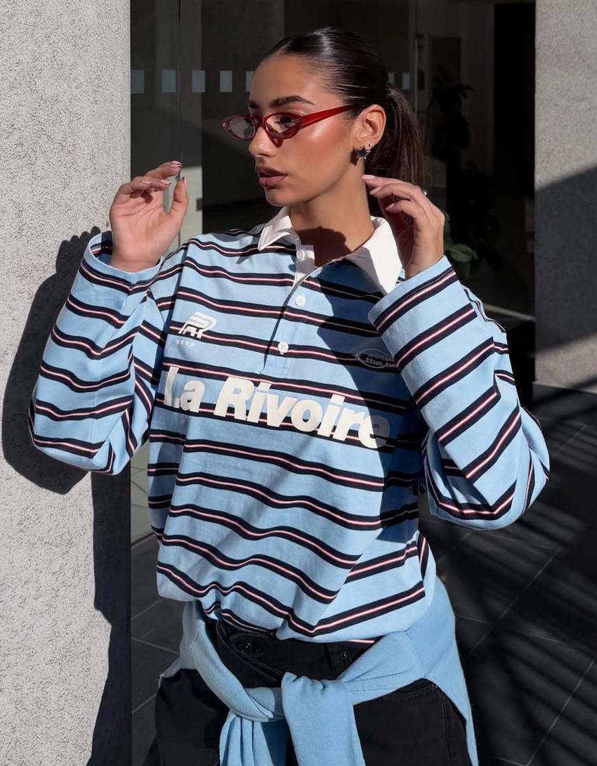 Printed polo collar long sleeve T-shirt-Light blue