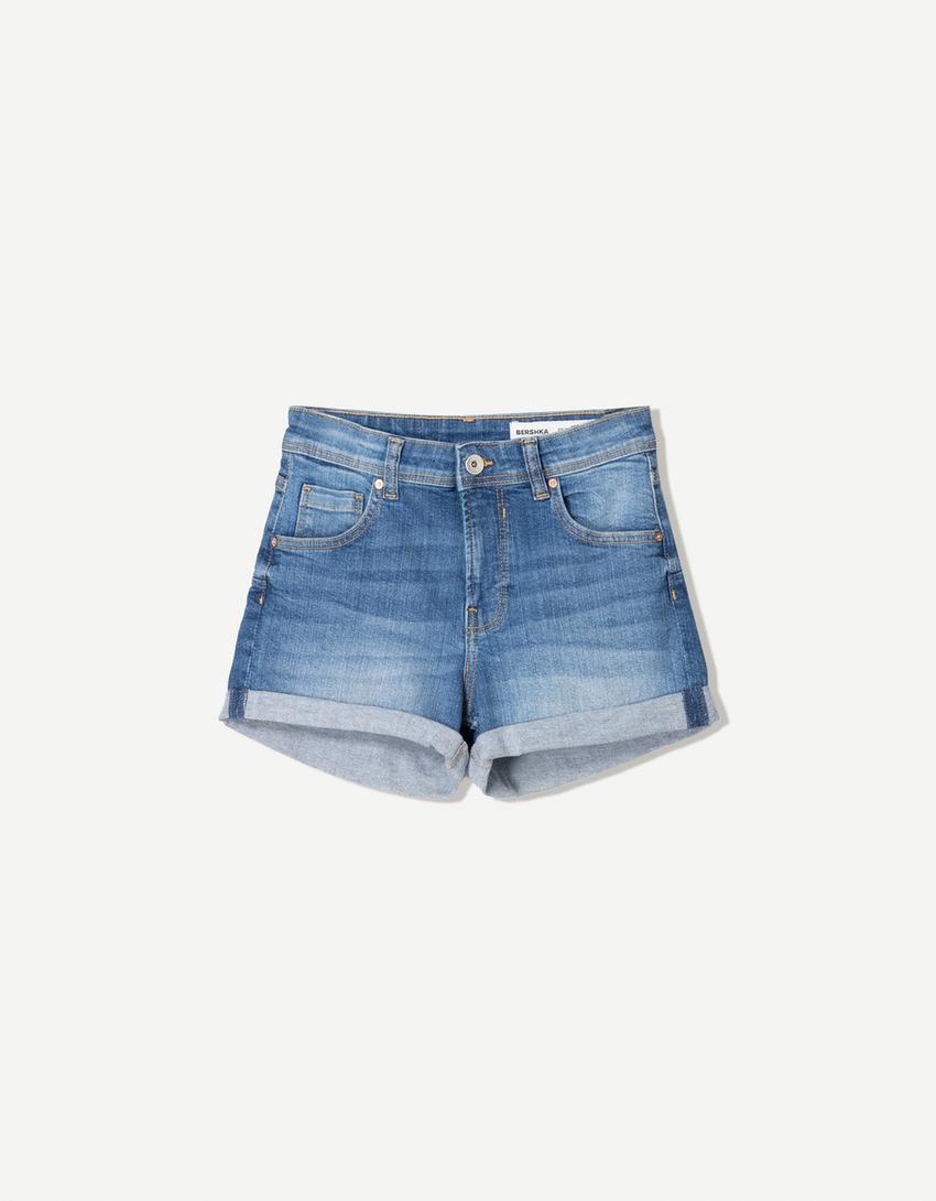 Roll-up denim shorts-Light blue