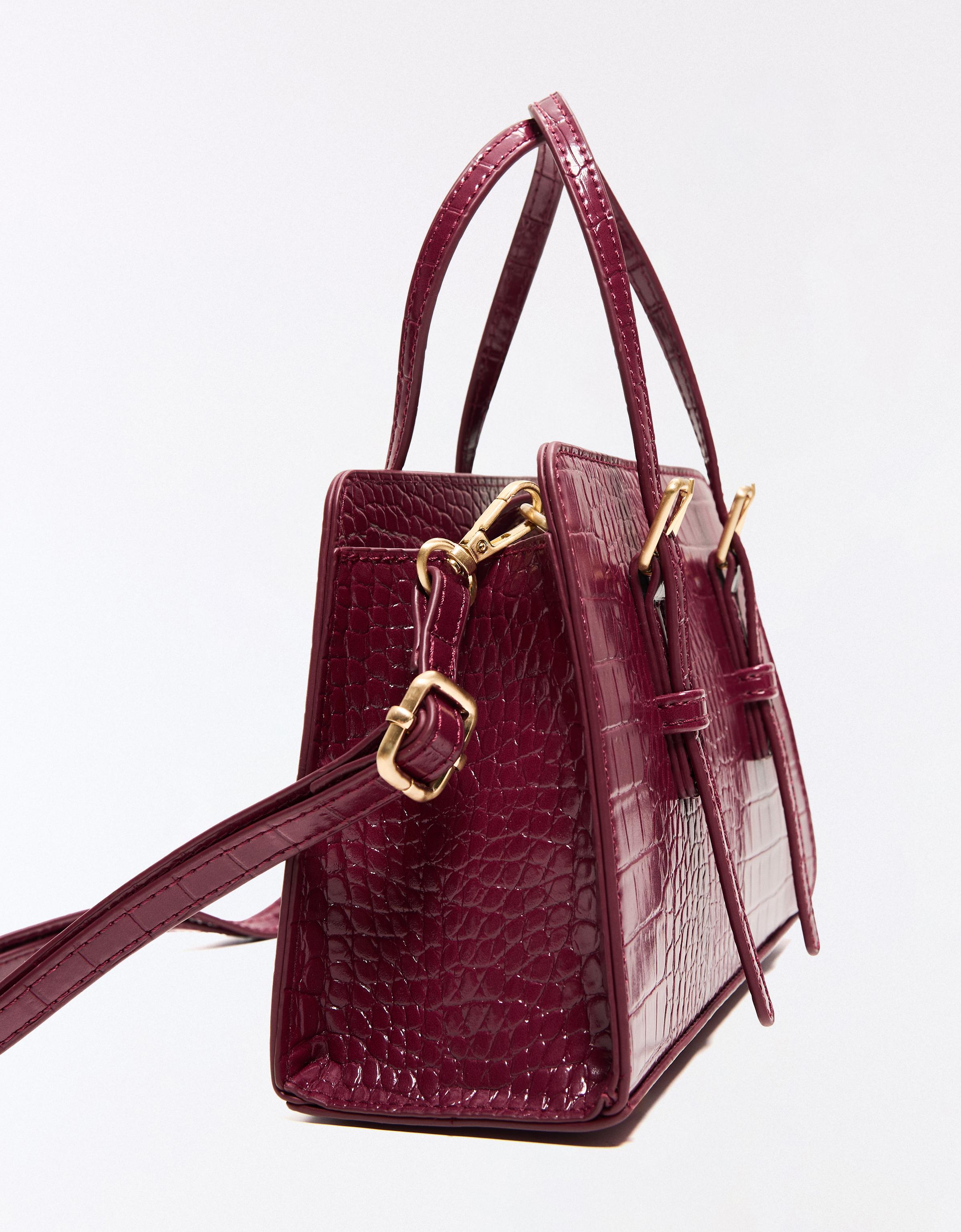 Textured box bag with buckles — Burgundy