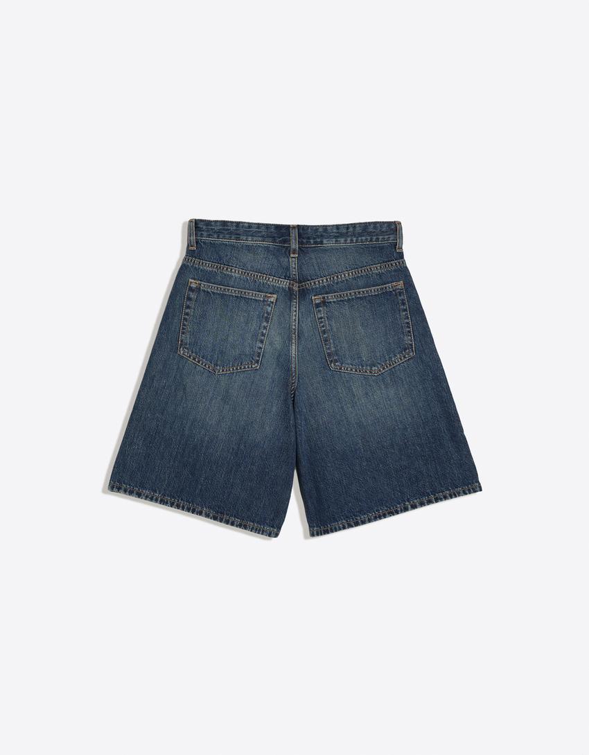Çapraz belli denim bermuda-Mavi