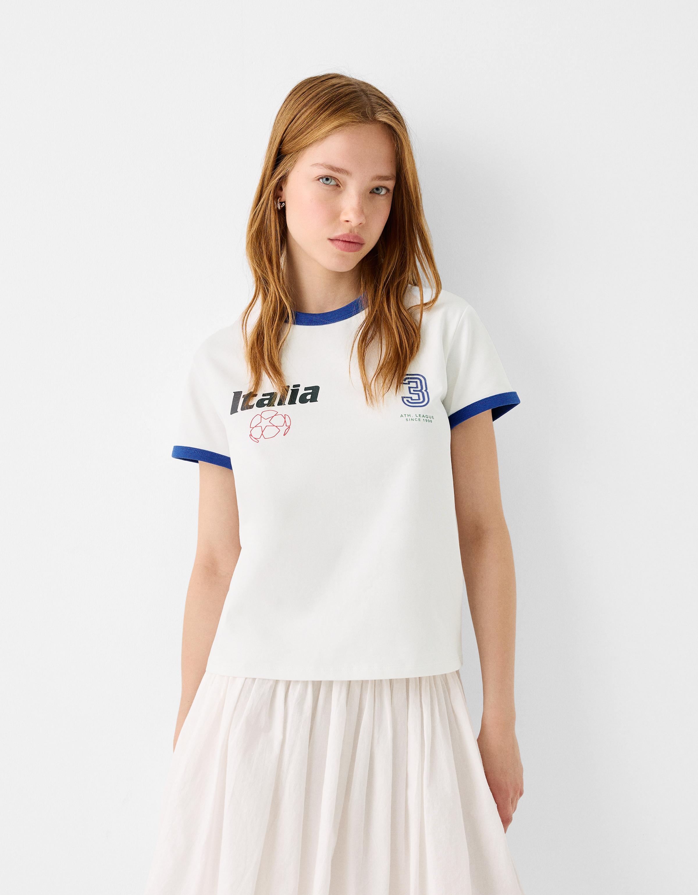 Bershka Sportliches Kurzarm-T-Shirt Mit Kontrasten Damen L Rohweiß