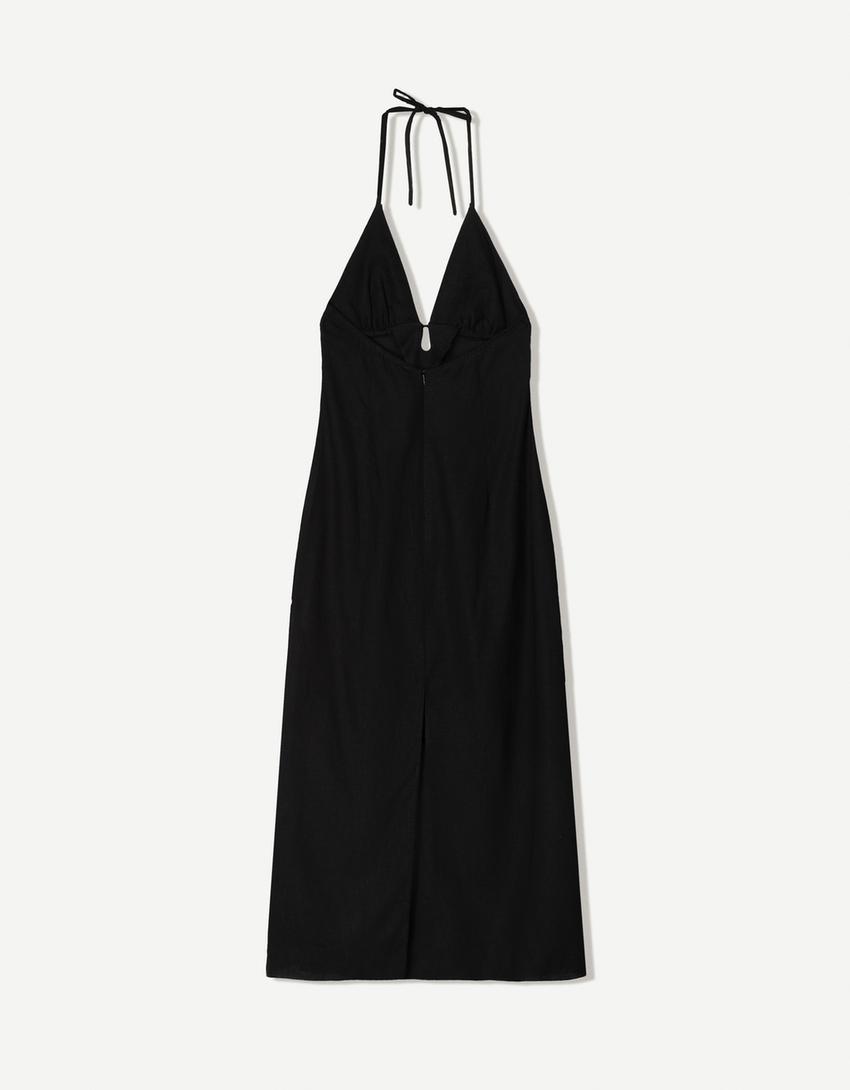 Halter midi-jurk van linnenmix met strik-Zwart