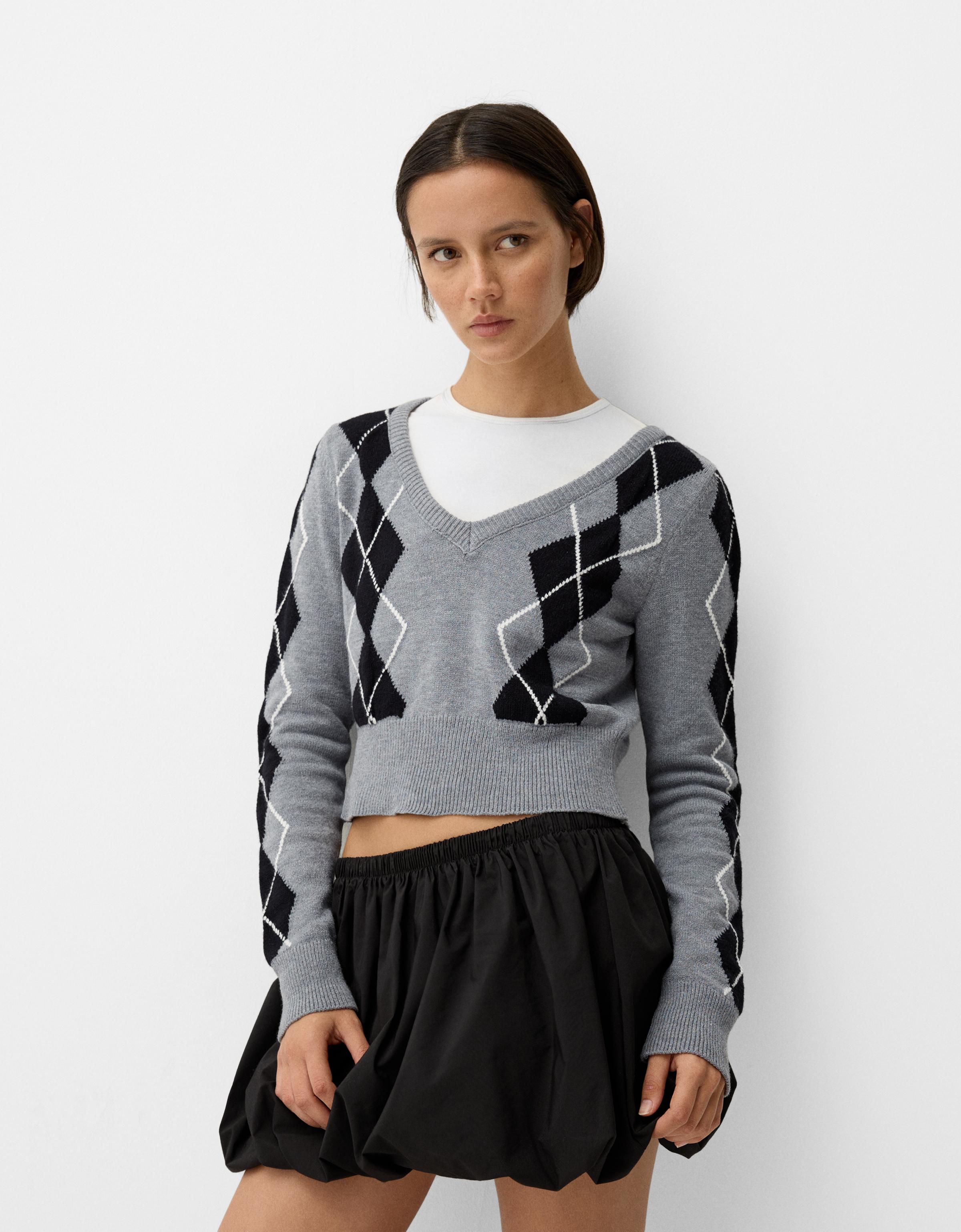 Bershka Pullover Mit V-Ausschnitt Und Rautenmuster Damen L Dunkelgrau