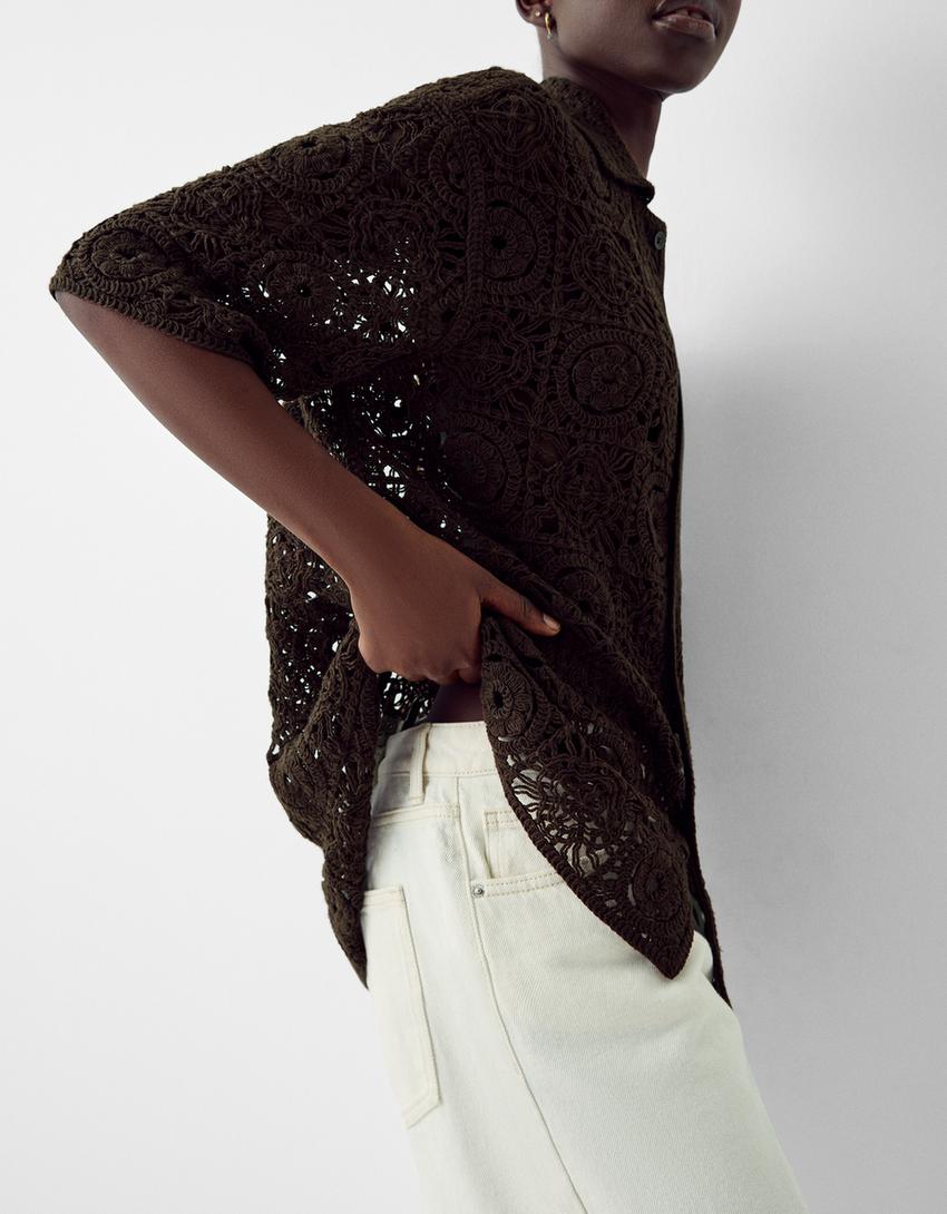 Chemise manches courtes crochet-Marron-6