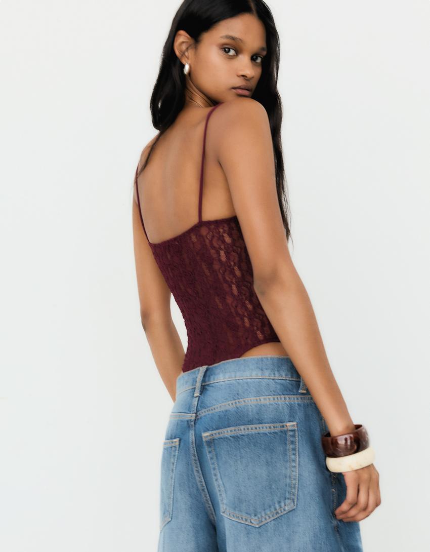 Dantelli askılı body-Bordo