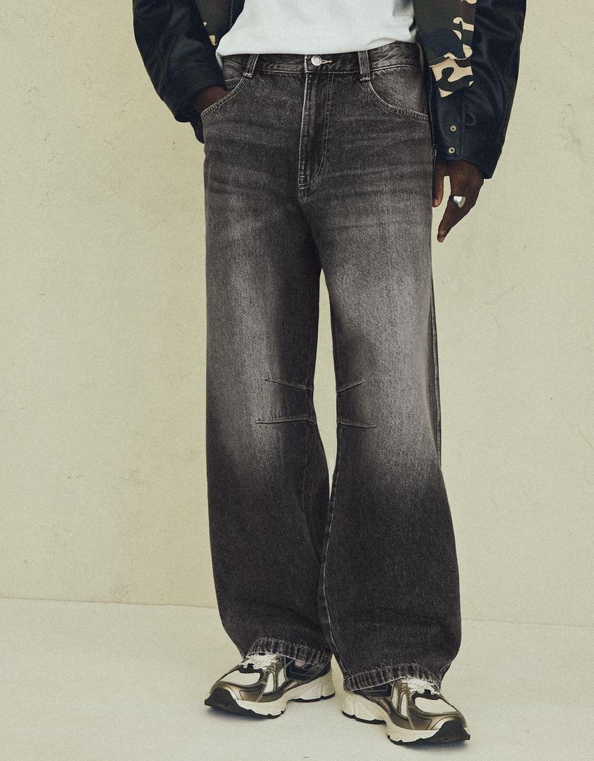 Jeans with back embroidery-Grey