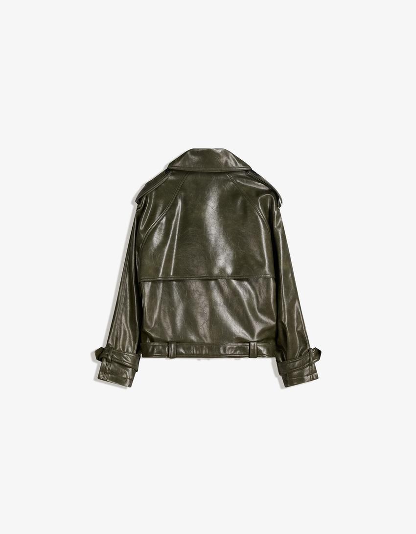 Korte trenchcoat met leereffect-Groen