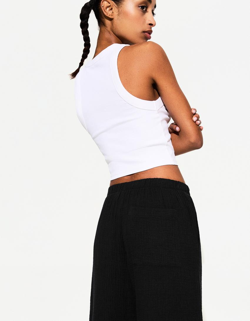 Pantalon wide leg rustique double cloth-Noir