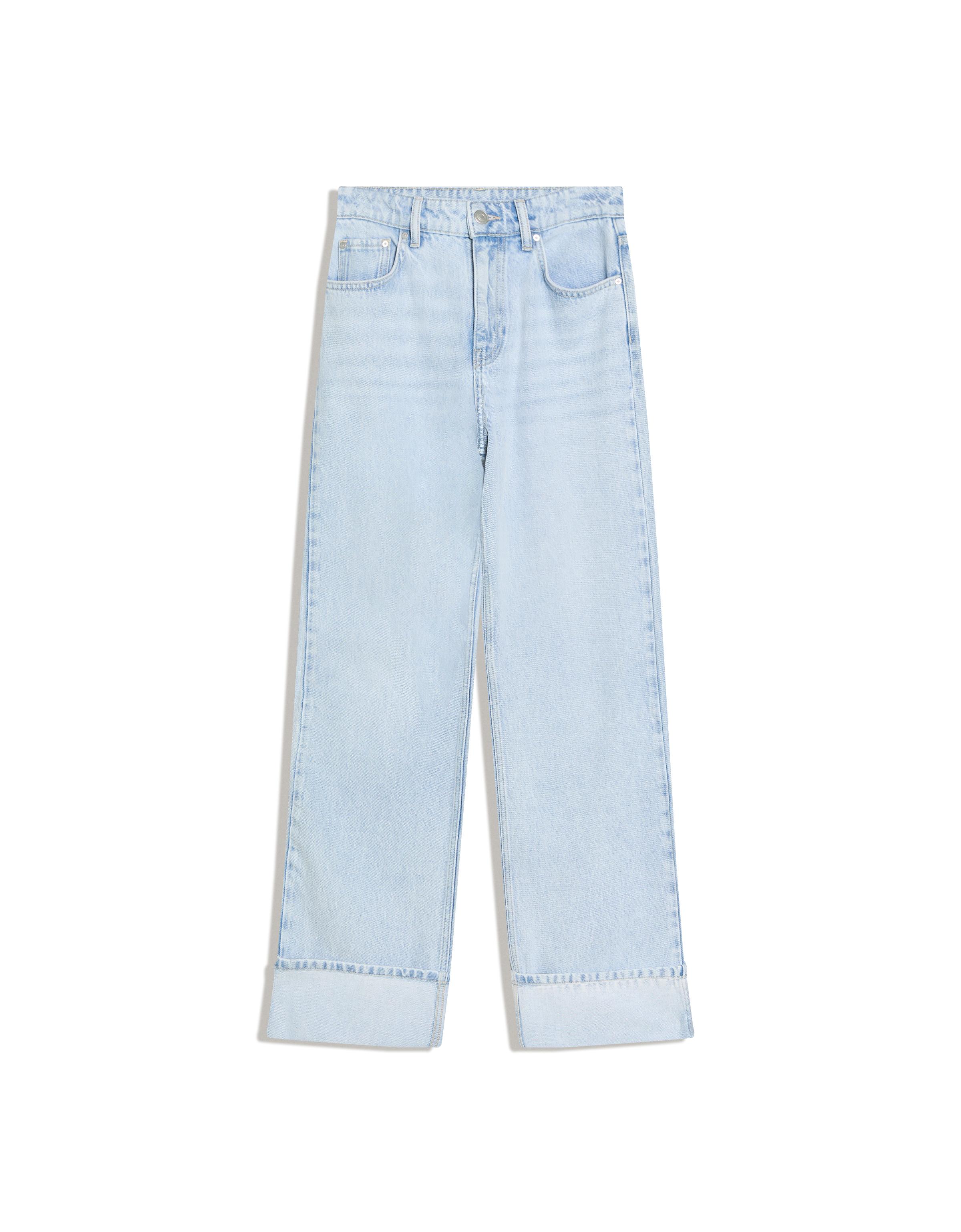 High-waist straight wide-leg jeans with turn-up hem