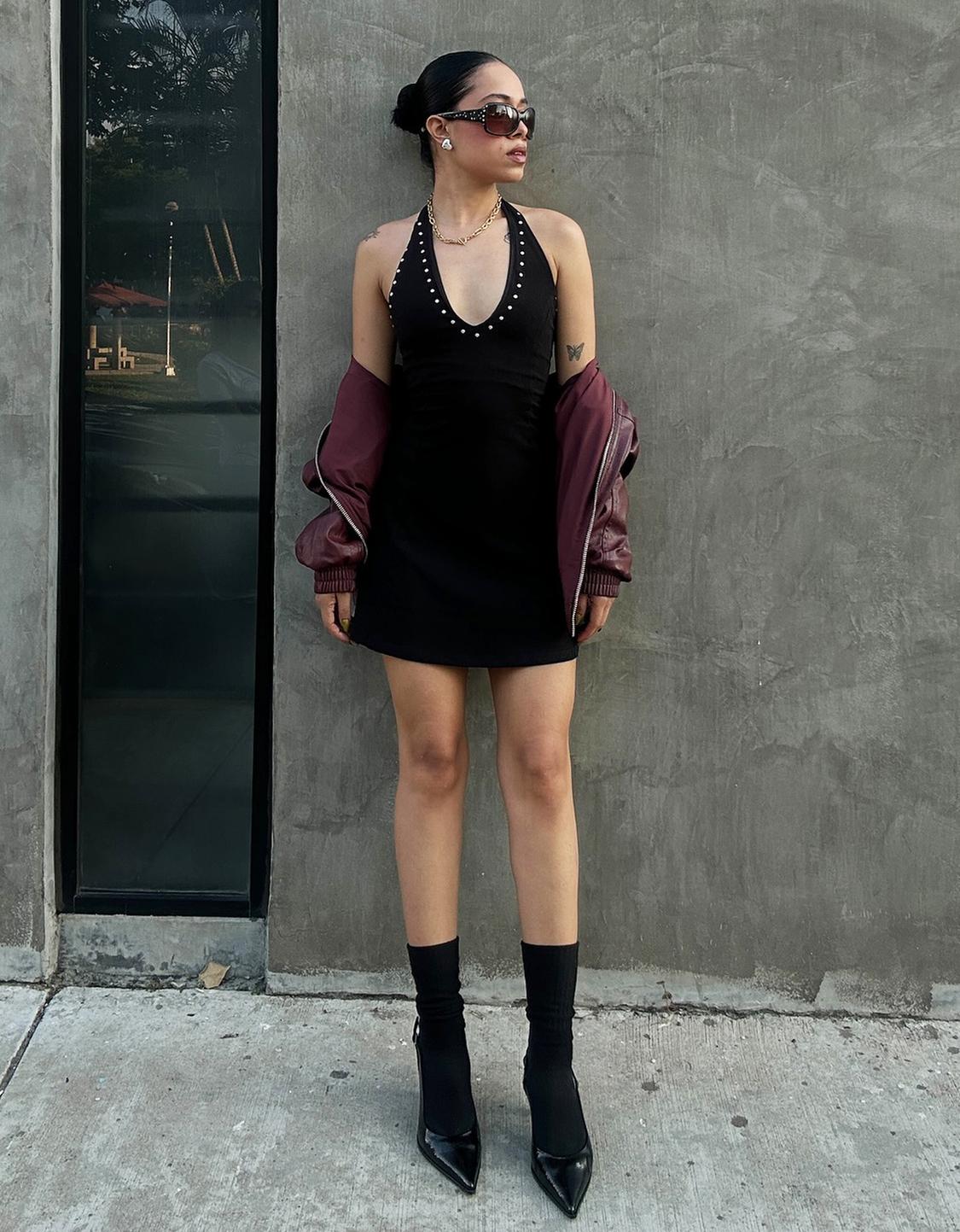 Studded halter mini dress
