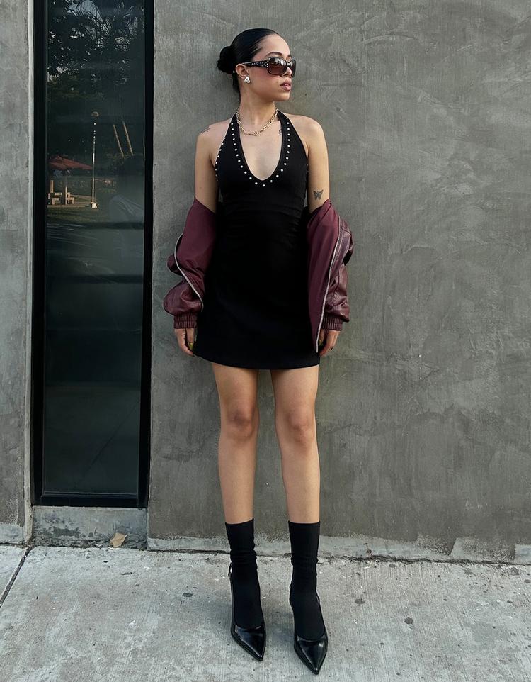 Studded halter mini dress