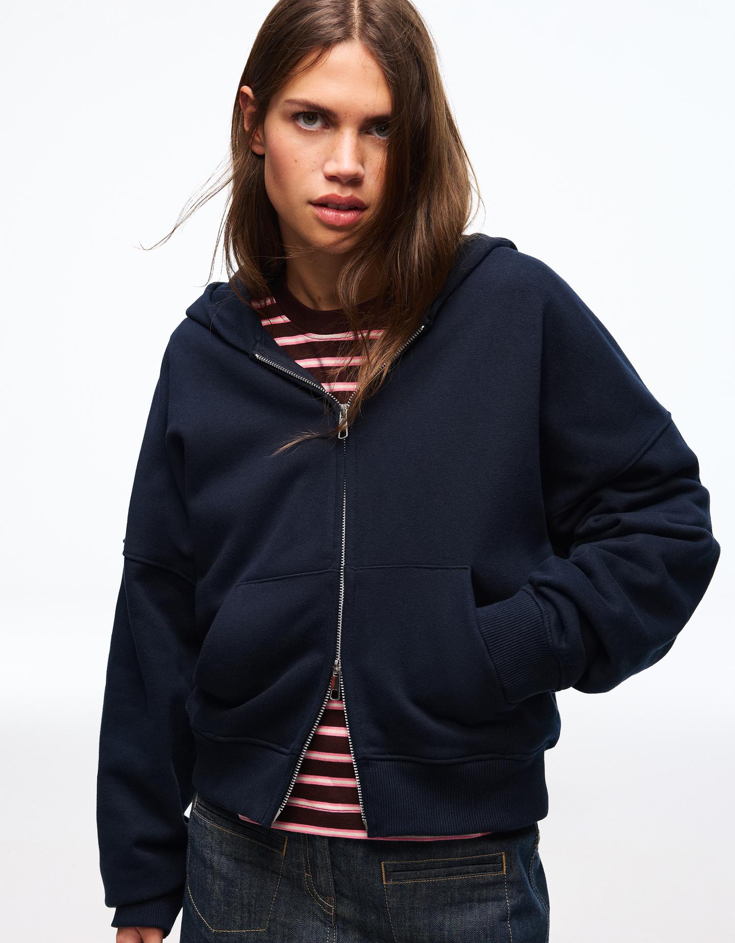 Bershka Sudadera Cremallera Oversize Capucha Mujer Marino