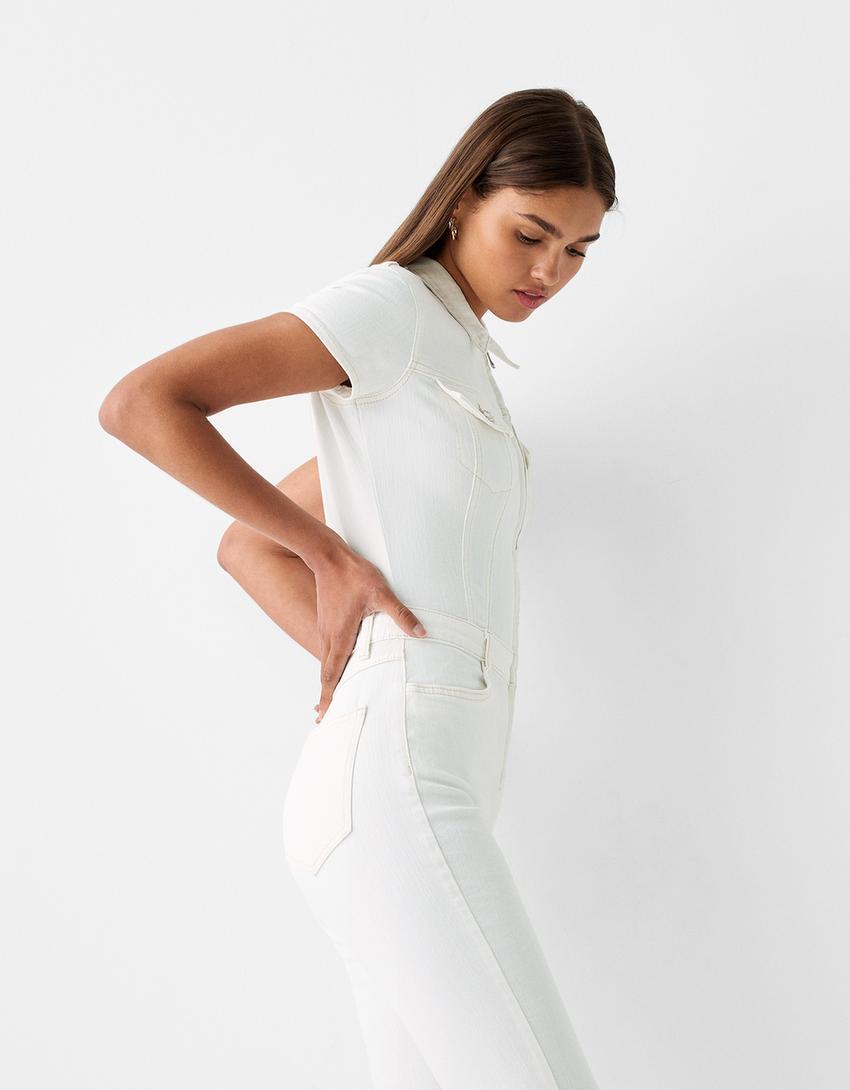 أفرول دنيم بأكمام قصيرة-كريمي-1