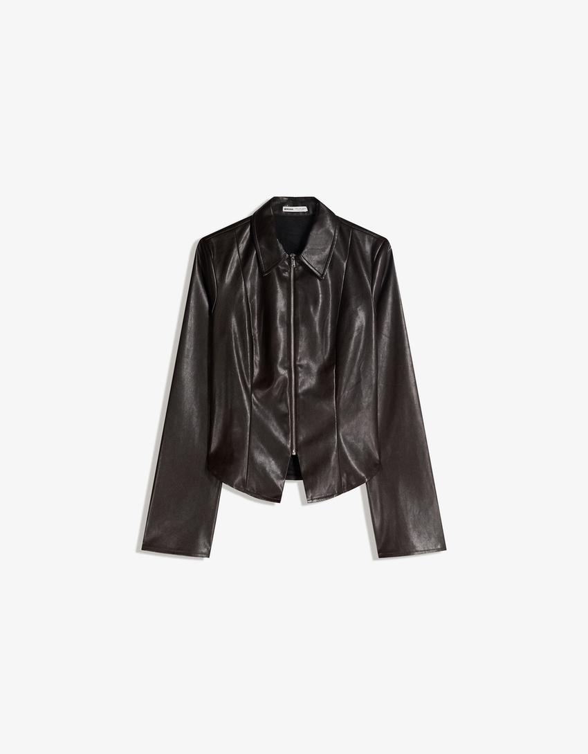 Camisa cremallera entallada efecto piel-Marrón