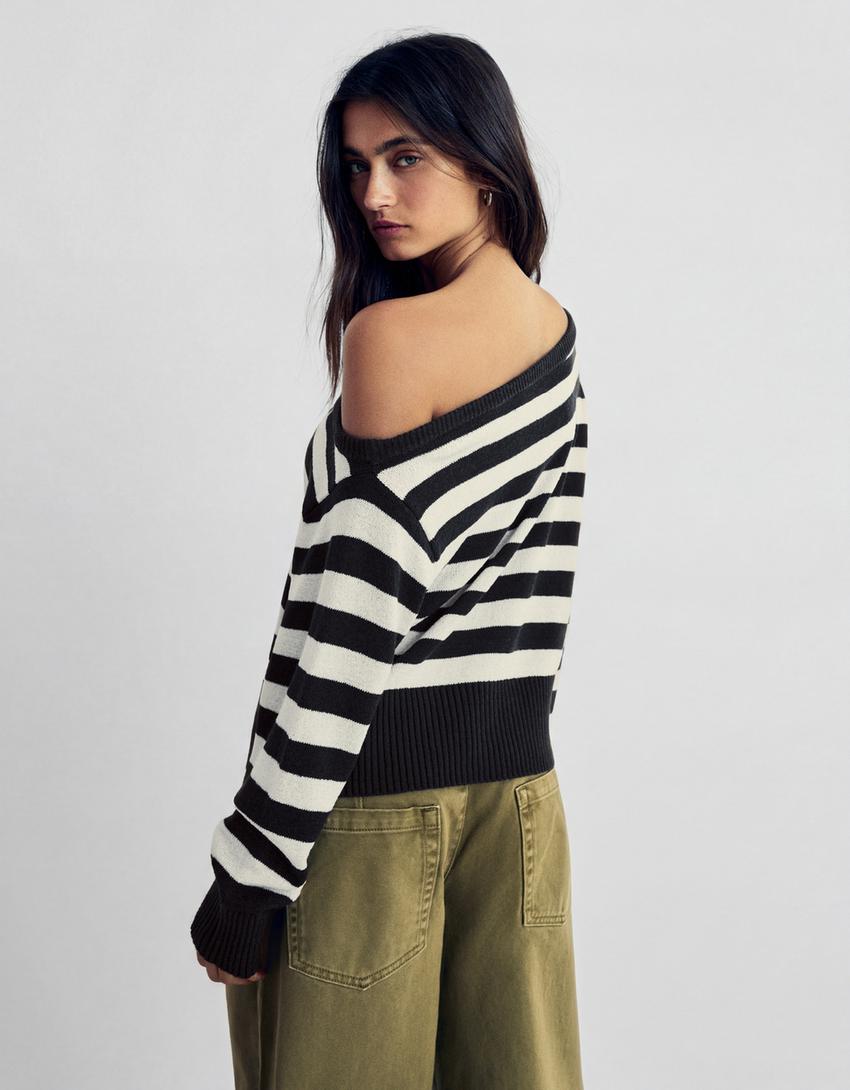 Свитер асимметричного кроя в стиле рустик в полоску-Синий