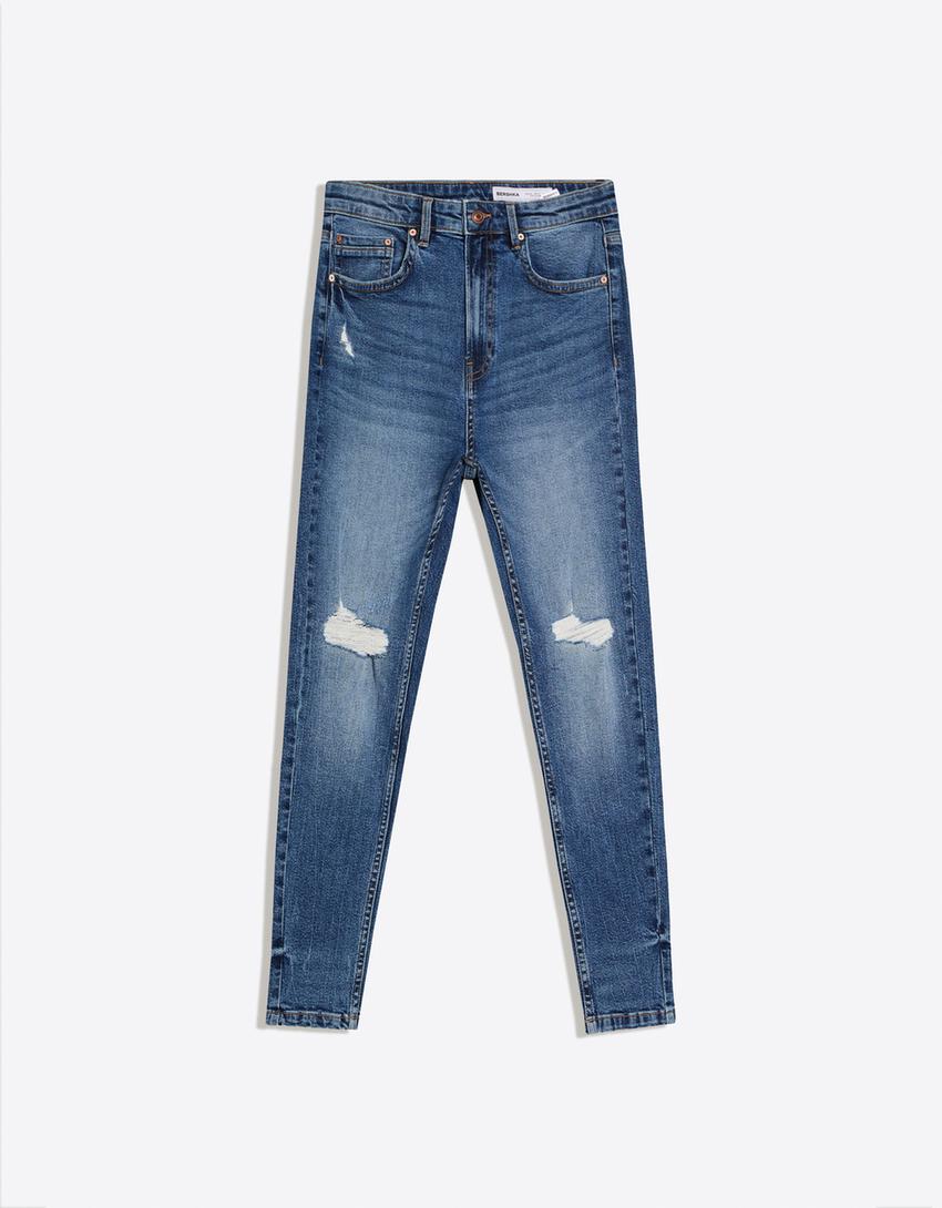 Carrot fit jeans met scheuren-Blauw