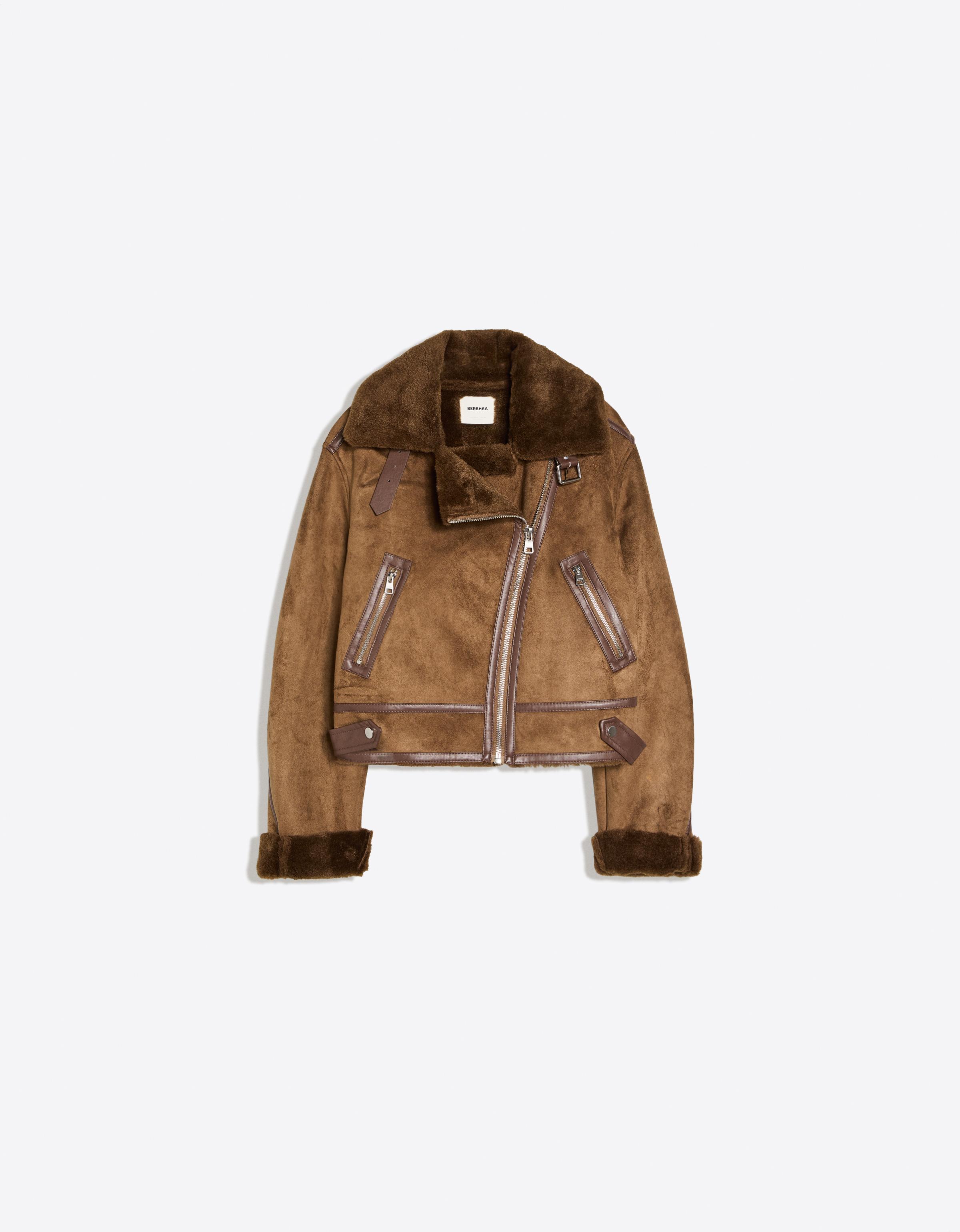 Cropped double-faced biker jacket — Brown