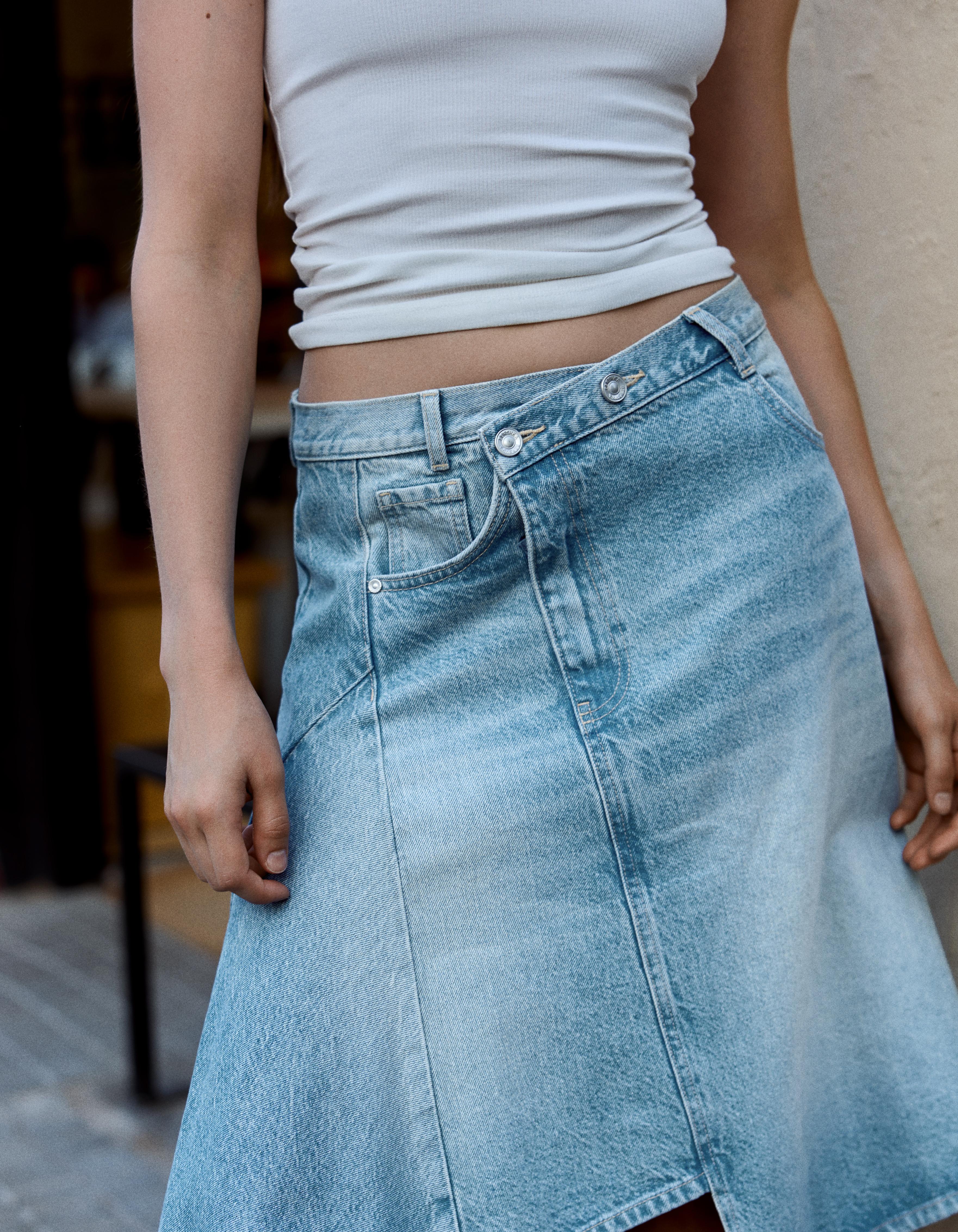 Asymmetric denim midi skirt — Light blue