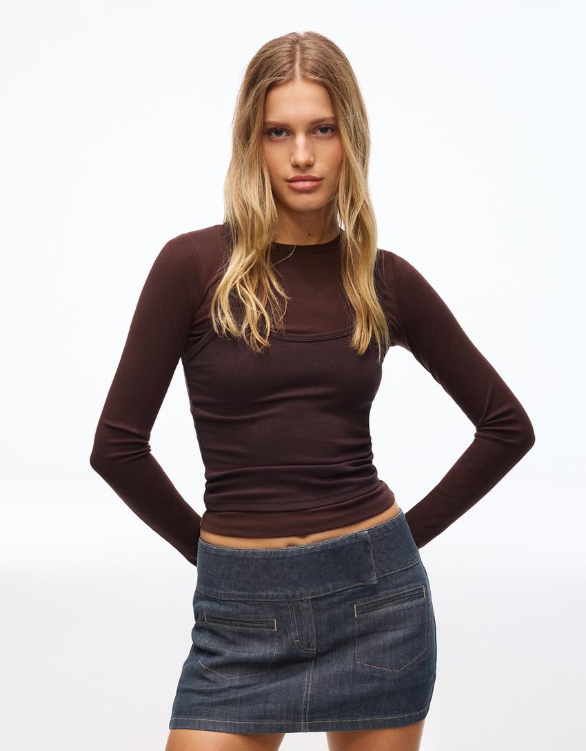 High-waist denim skorts-Navy