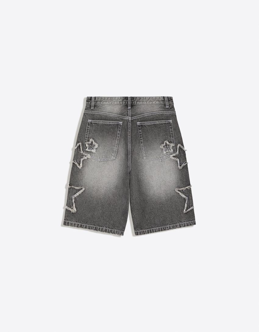 Yamalı baggy fit bermuda-Gri