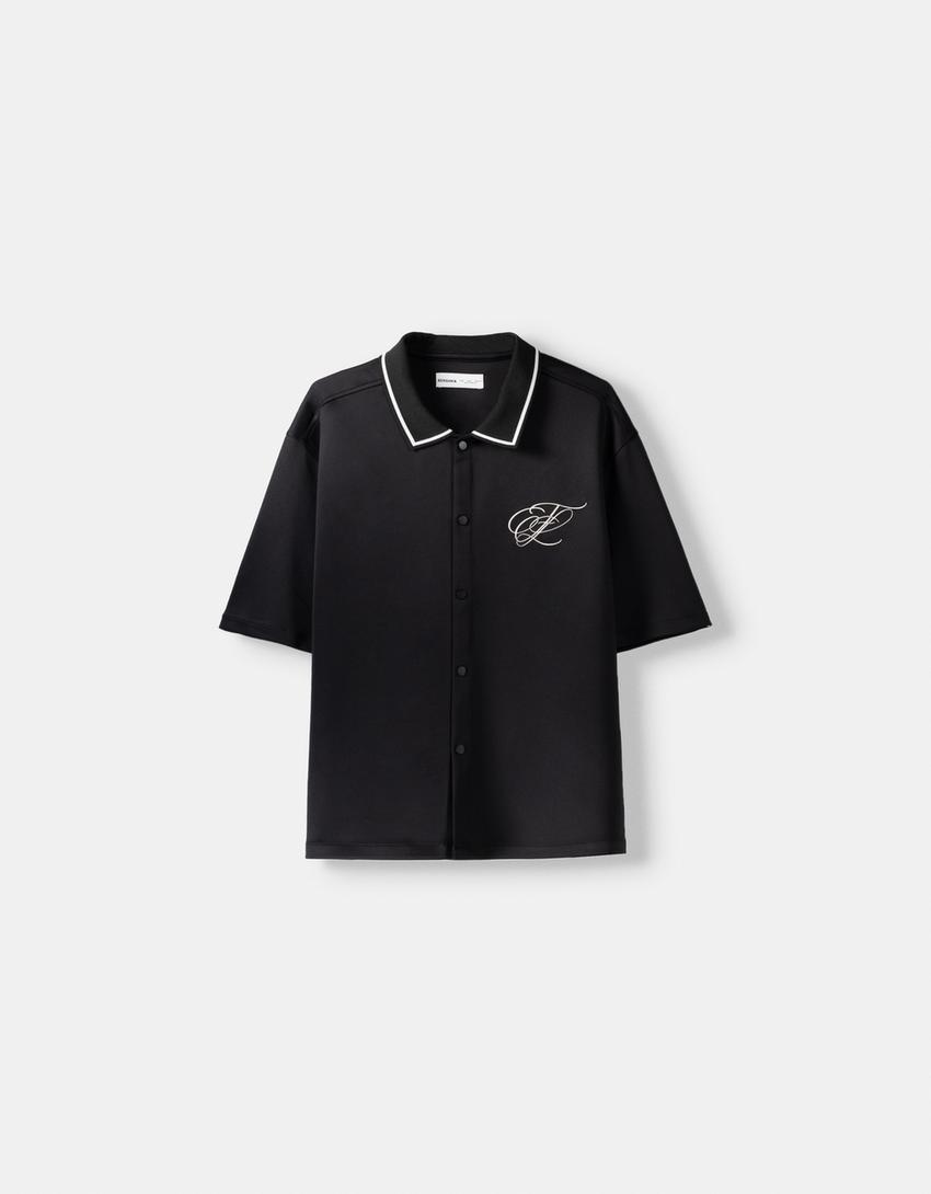 Camisa manga curta com interlock pormenor-Preto-4