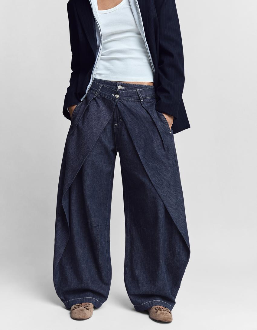 Jeans balloon plissés taille basse-Marine