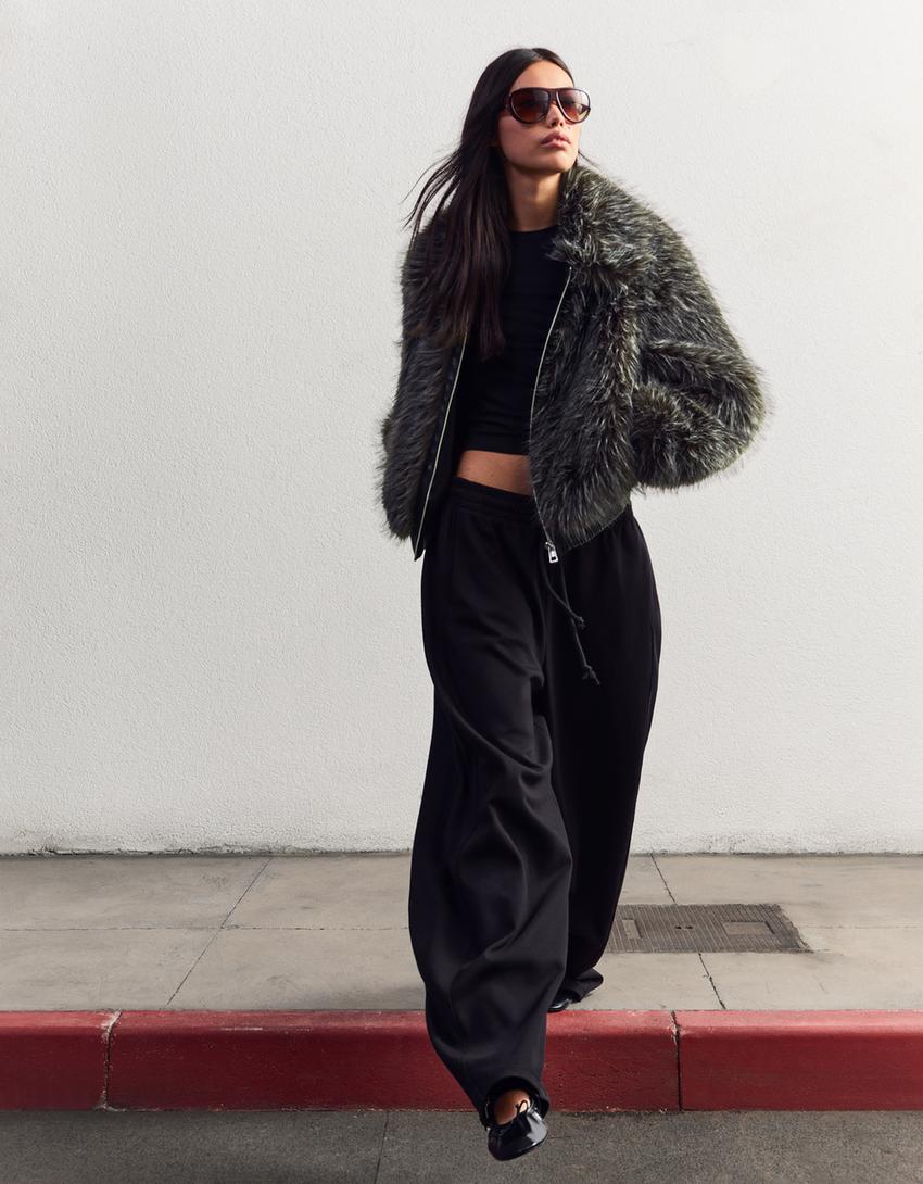 Zip-up faux fur jacket-Grey-2