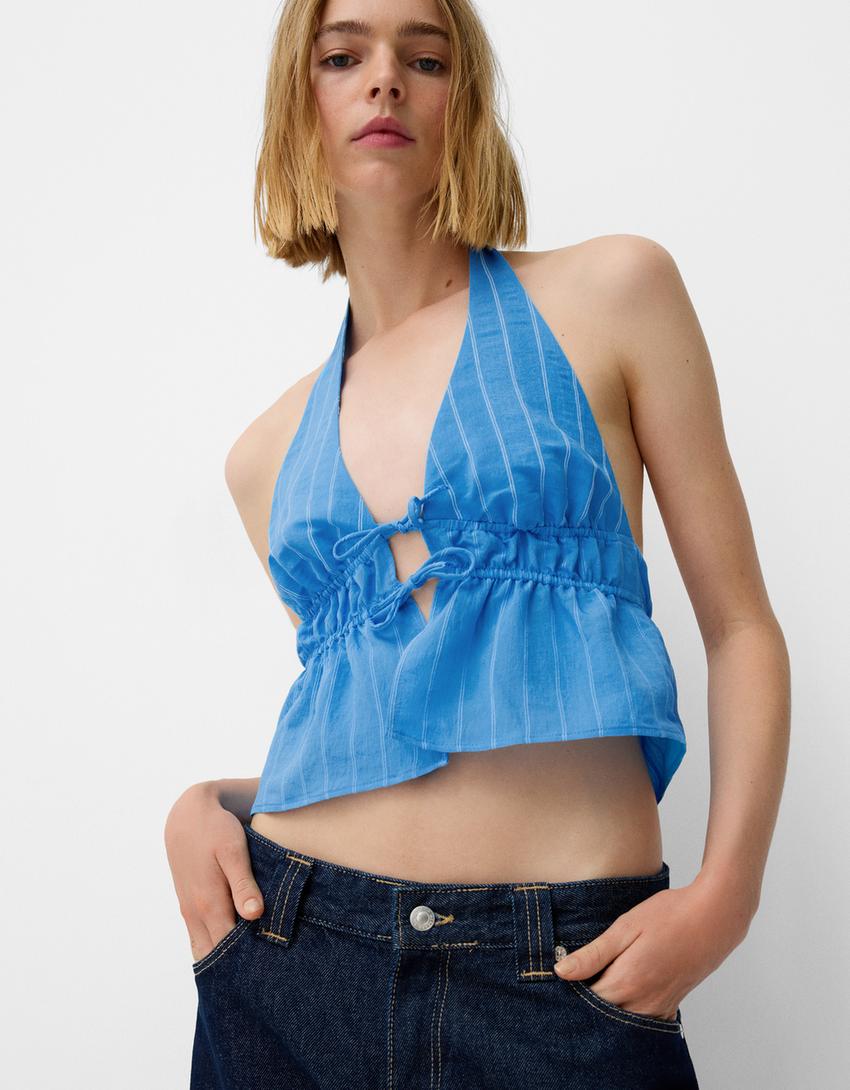 توب مقلّم بياقة هالتر-أزرق-2