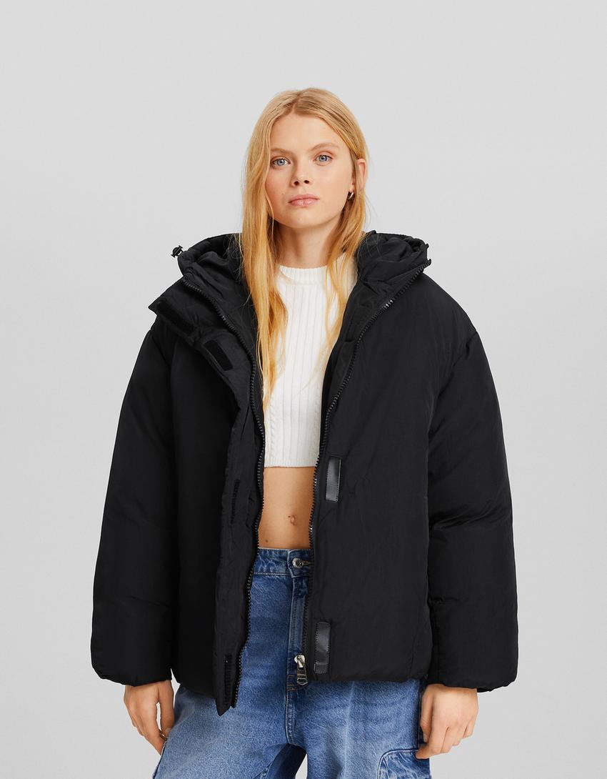 Nylon quilted jacket with hood-Black-0