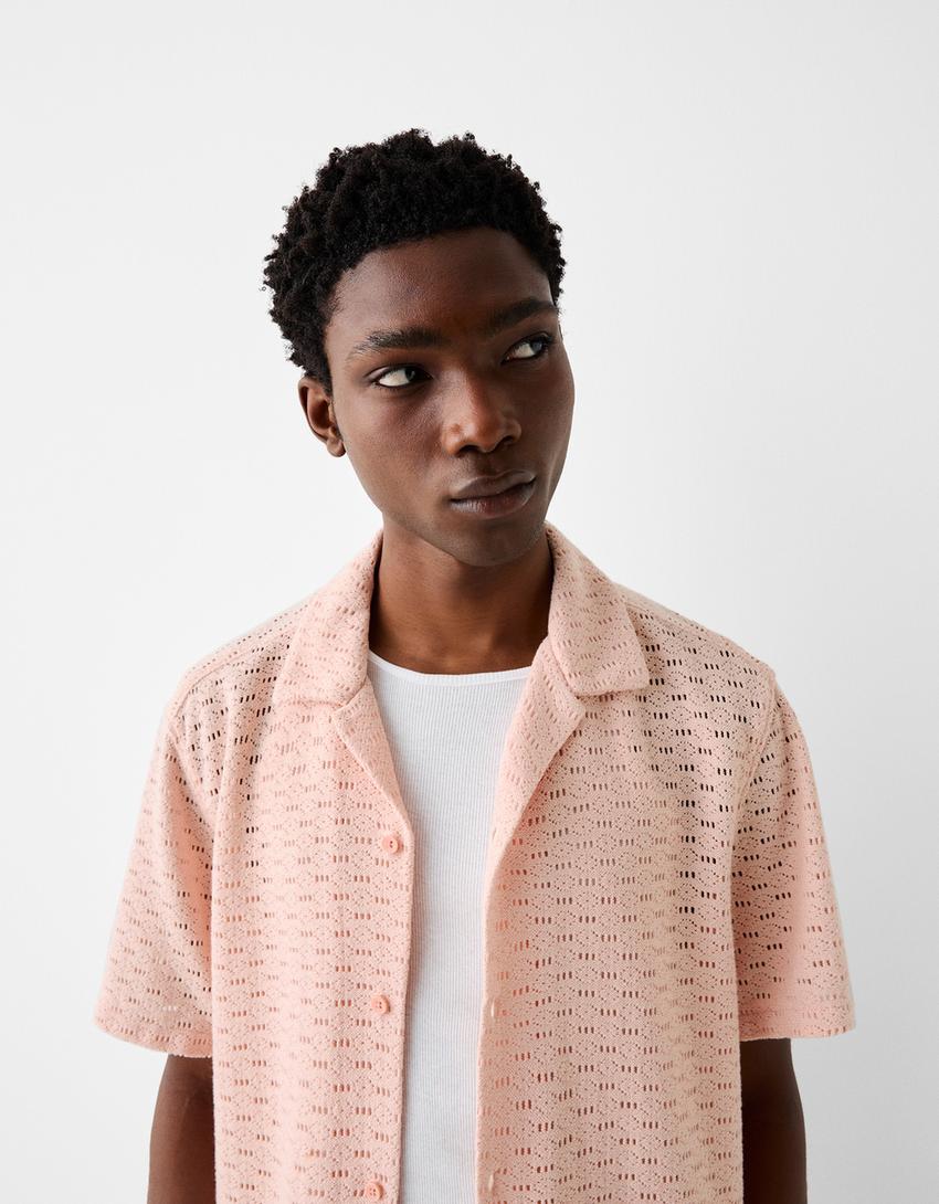 Chemise manches courtes ajourée-Rose-2