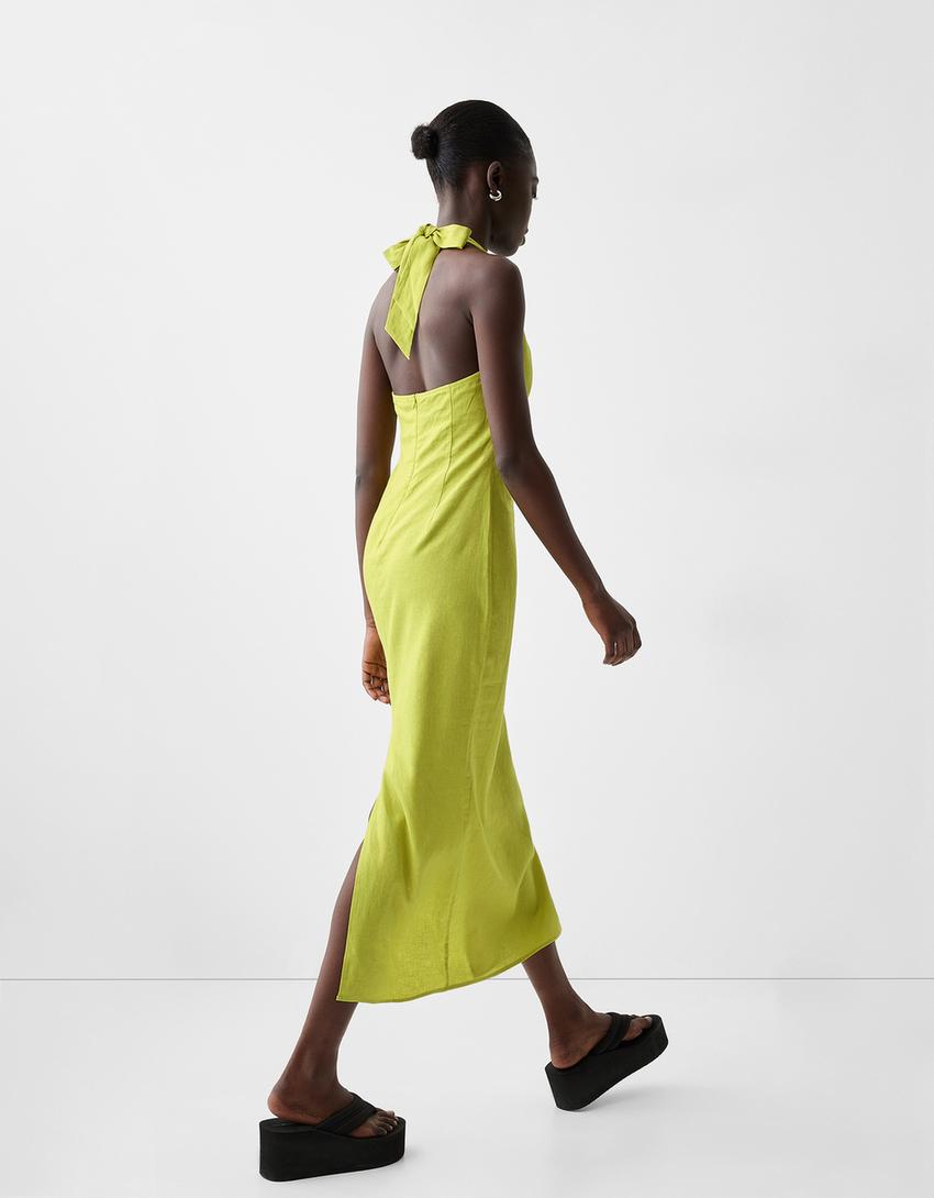 فستان طويل كتان بتفصيل فتحة-أخضر-2