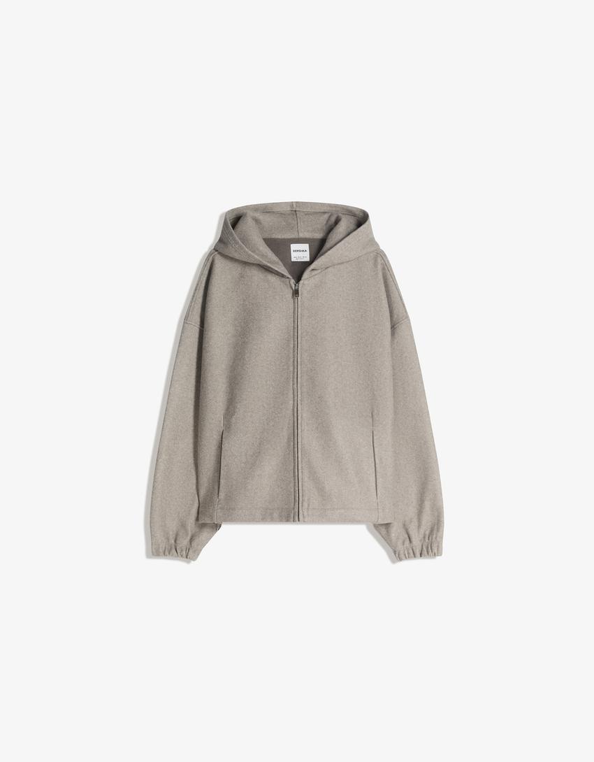 Sweatshirt fecho de correr capuz efeito lã-Verde