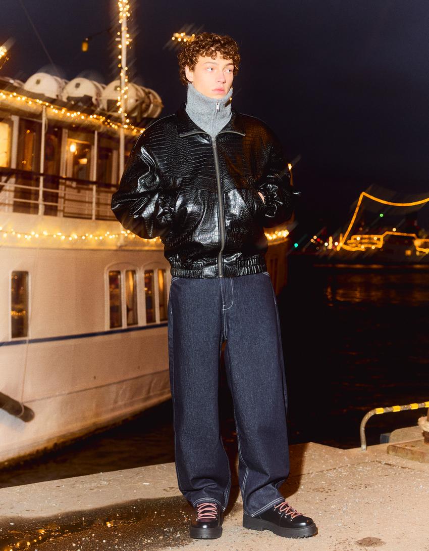 Jacke aus Kunstleder mit Animalprint-Schwarz