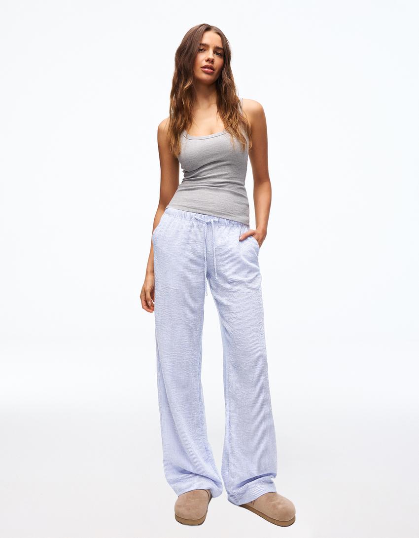 Pantal n Efecto Lino Goma Cintura Mujer Bershka pantal-n-efecto-lino-goma-cintura-mujer-bershka