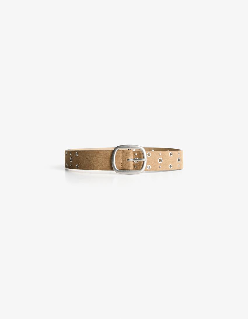 Ceinture suédine œillets-Camel-2