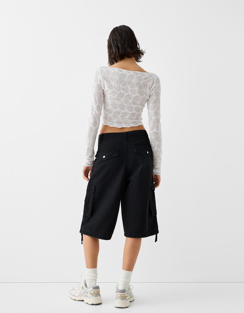 Long sleeve textured Bardot T-shirt-Off white-2