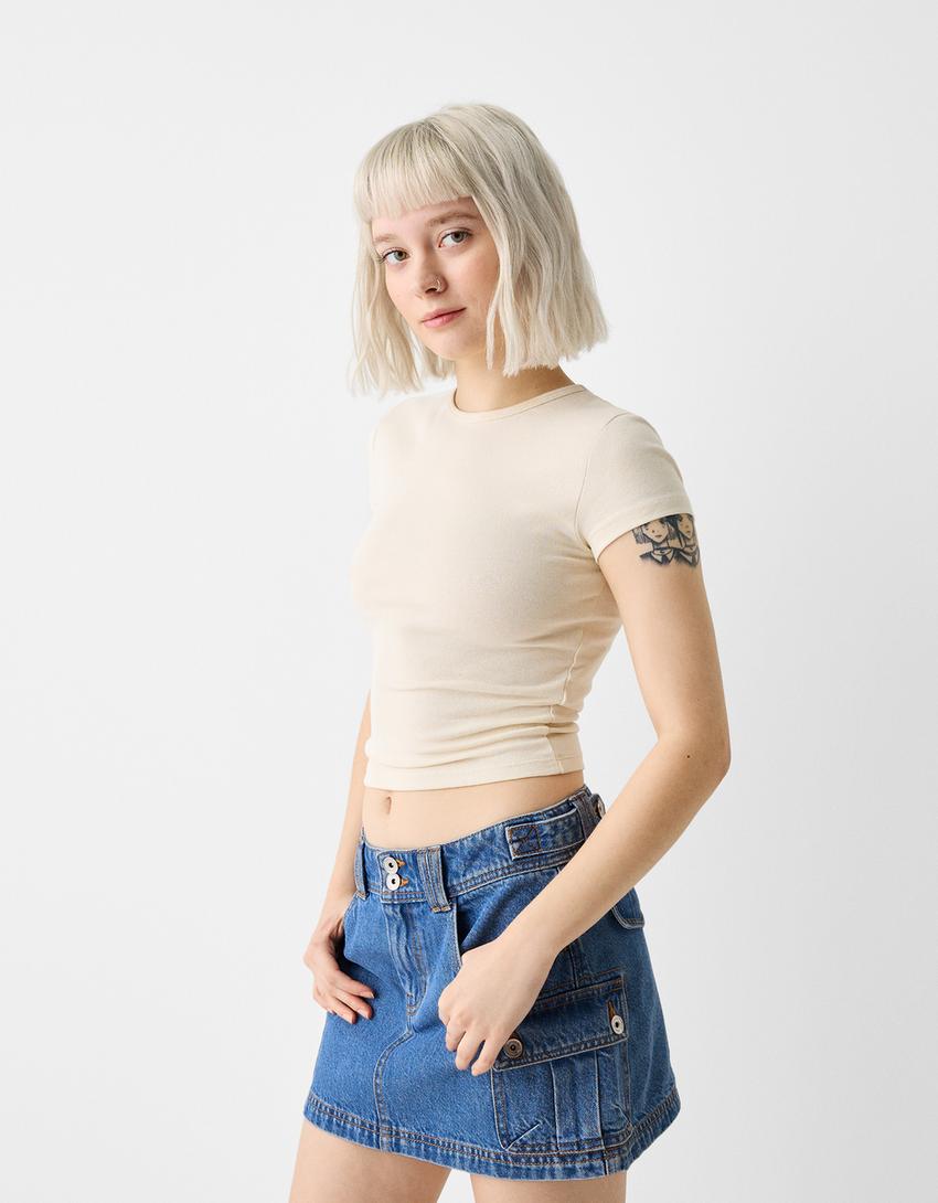 Mini-jupe denim cargo-Bleu lavé-1