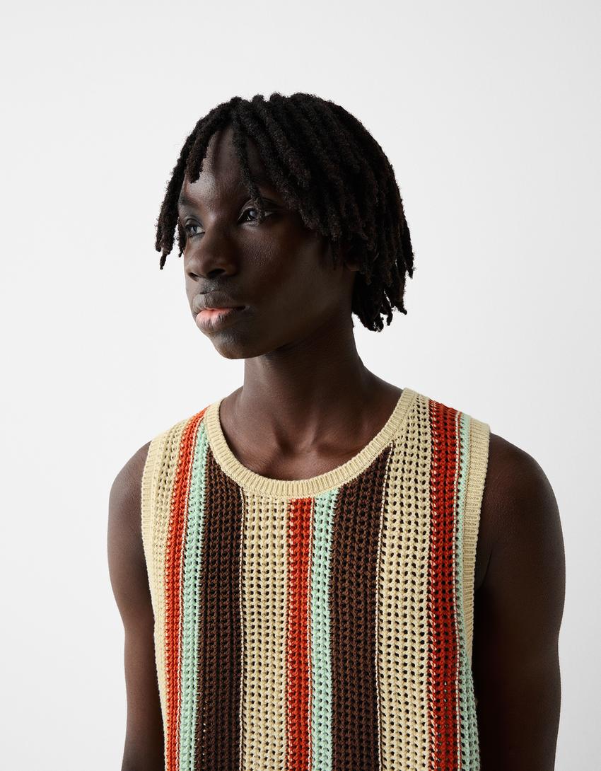 T-shirt bretelles ajours rayures-Sable-2