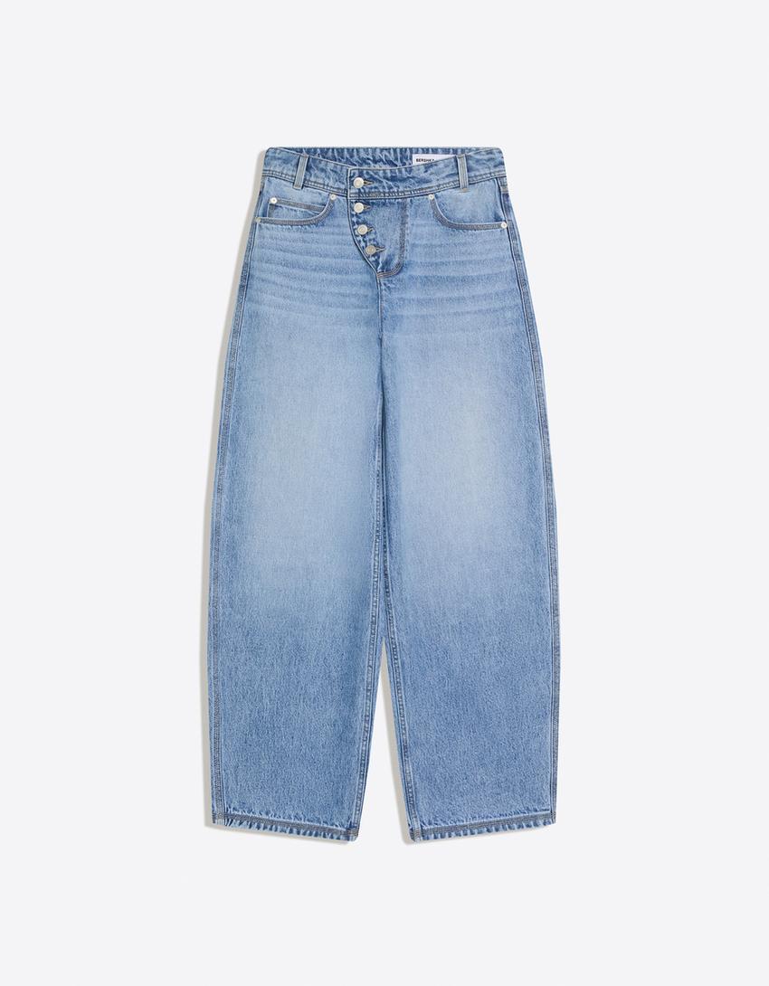 Düşük bel düğmeli wide leg barrel jean-Açık mavi