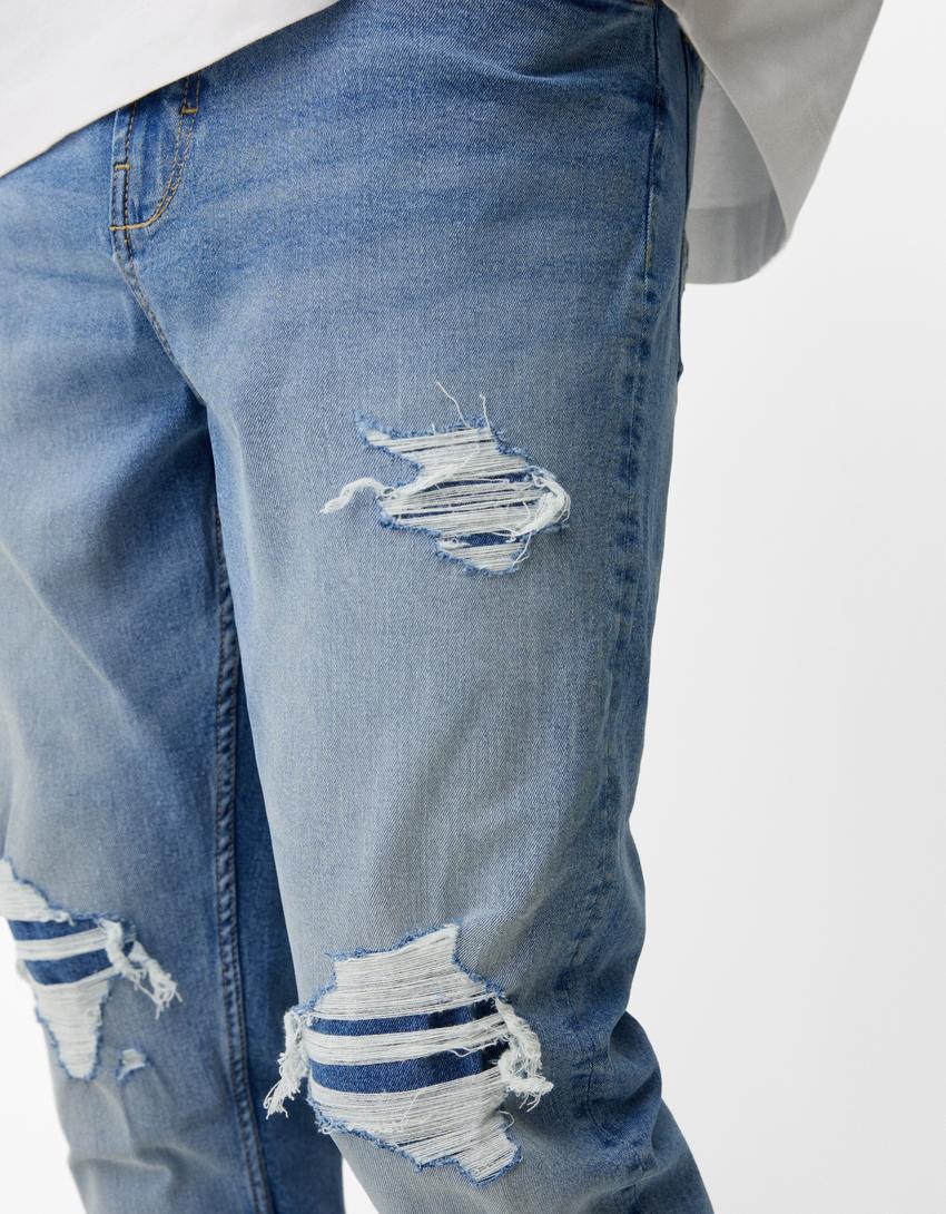 Jeans carrot fit déchiré-Bleu lavé-4