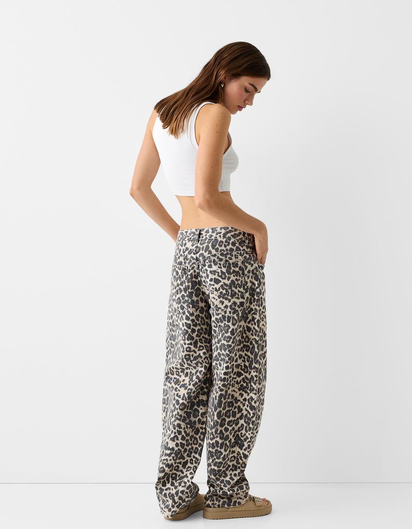 Balloon fit animal print baggy jeans-Beige