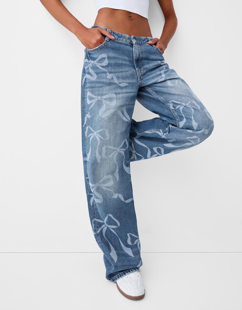 Fiyonklu baskılı baggy jean-Mavi-3