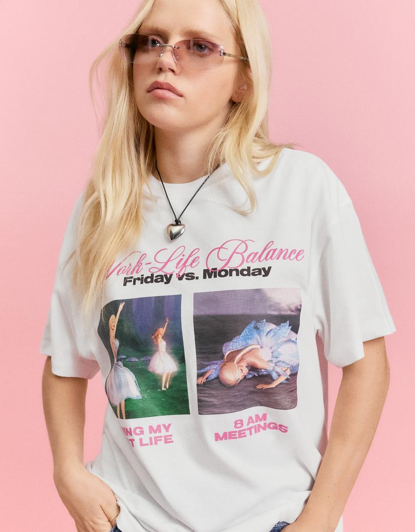 Oversize tričko s potiskem BARBIE a krátkými rukávy-Krémová