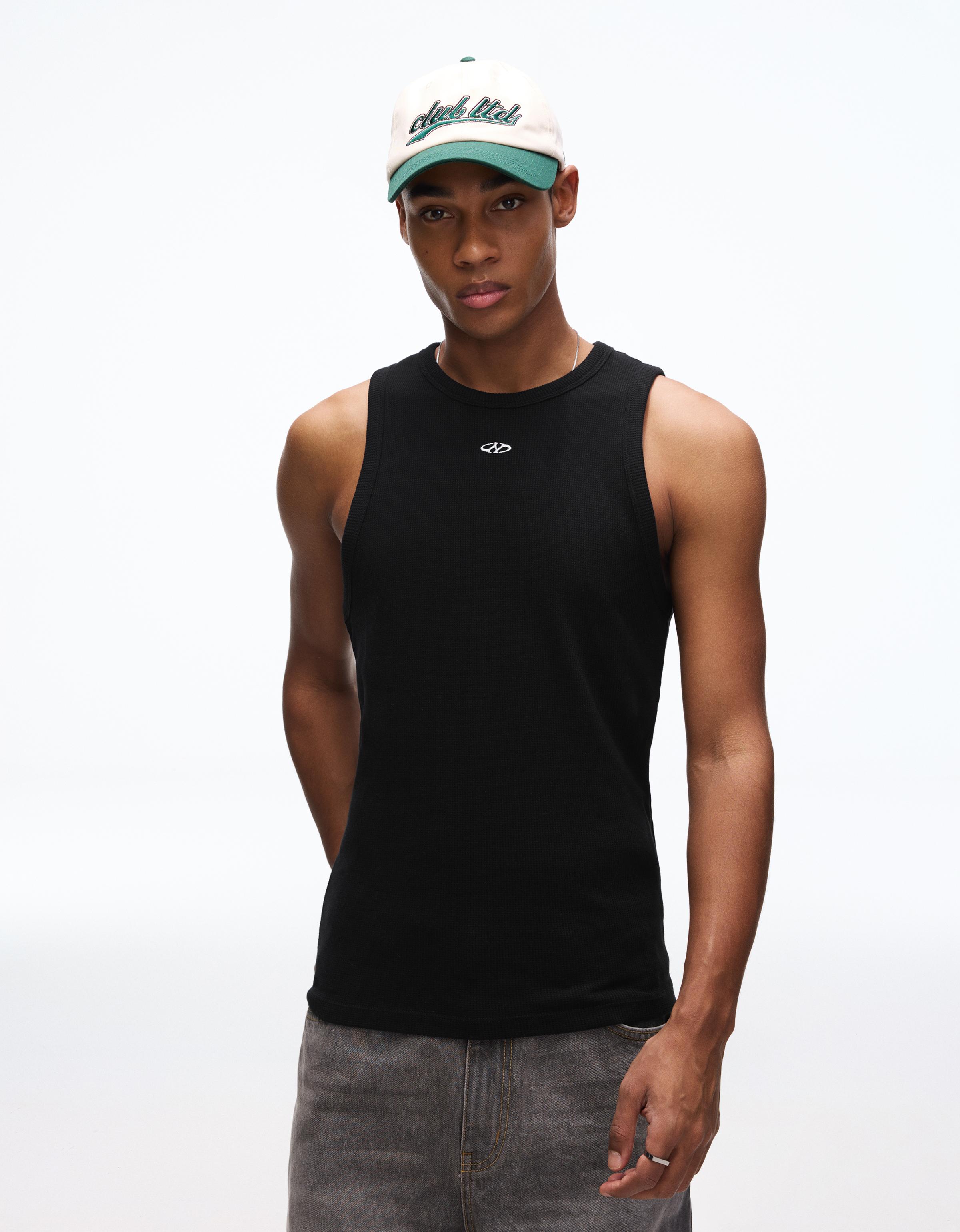 Waffle print vest top — Black